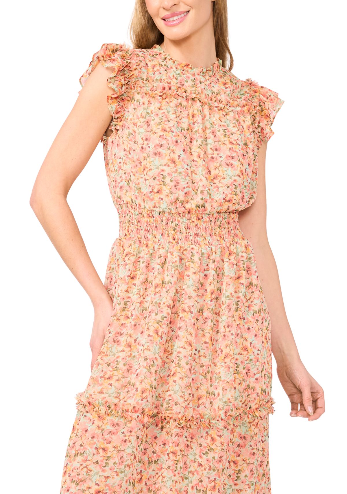 Womens Flutter Sleeve Floral Midi Dress