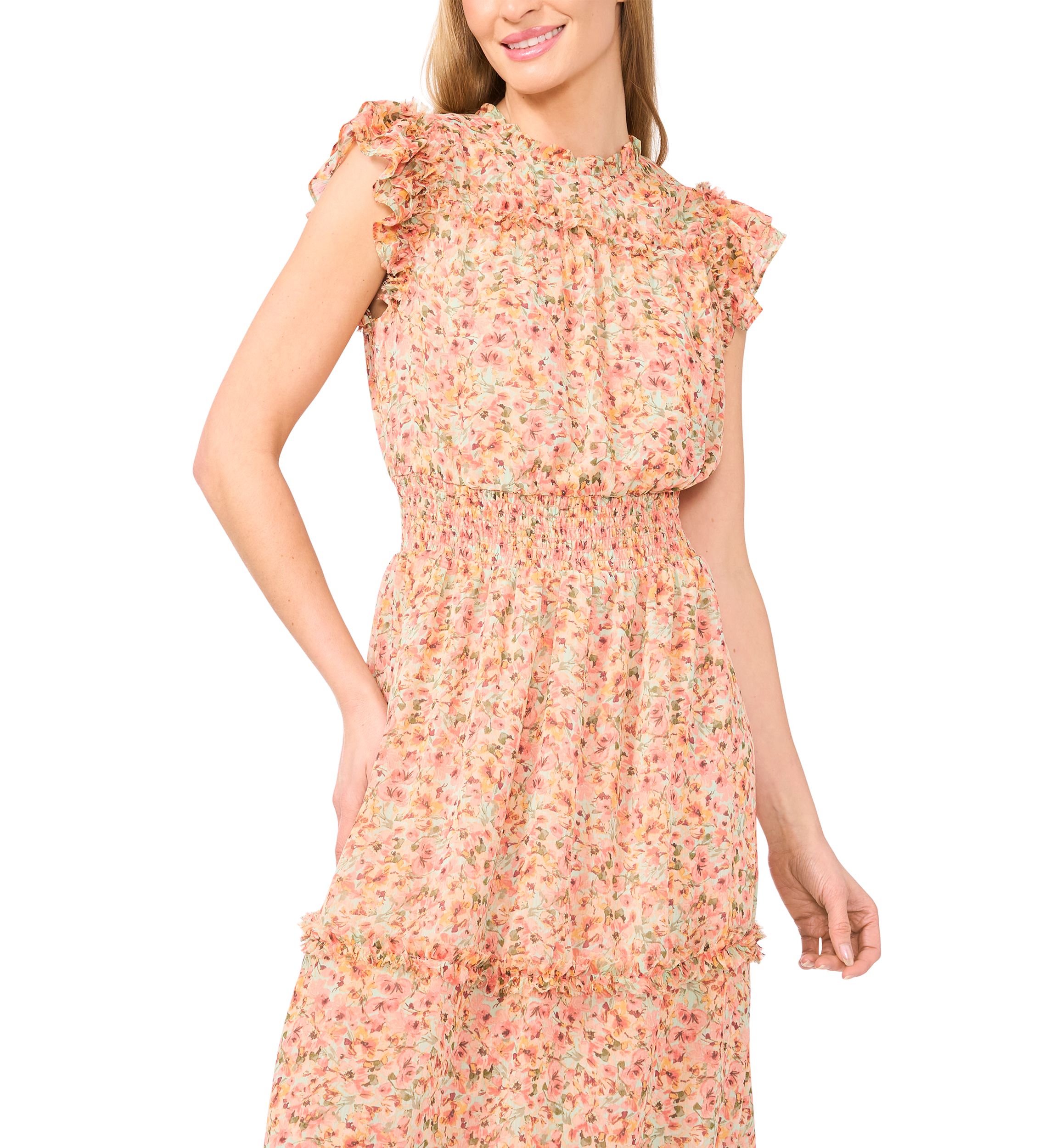 Womens Flutter Sleeve Floral Midi Dress