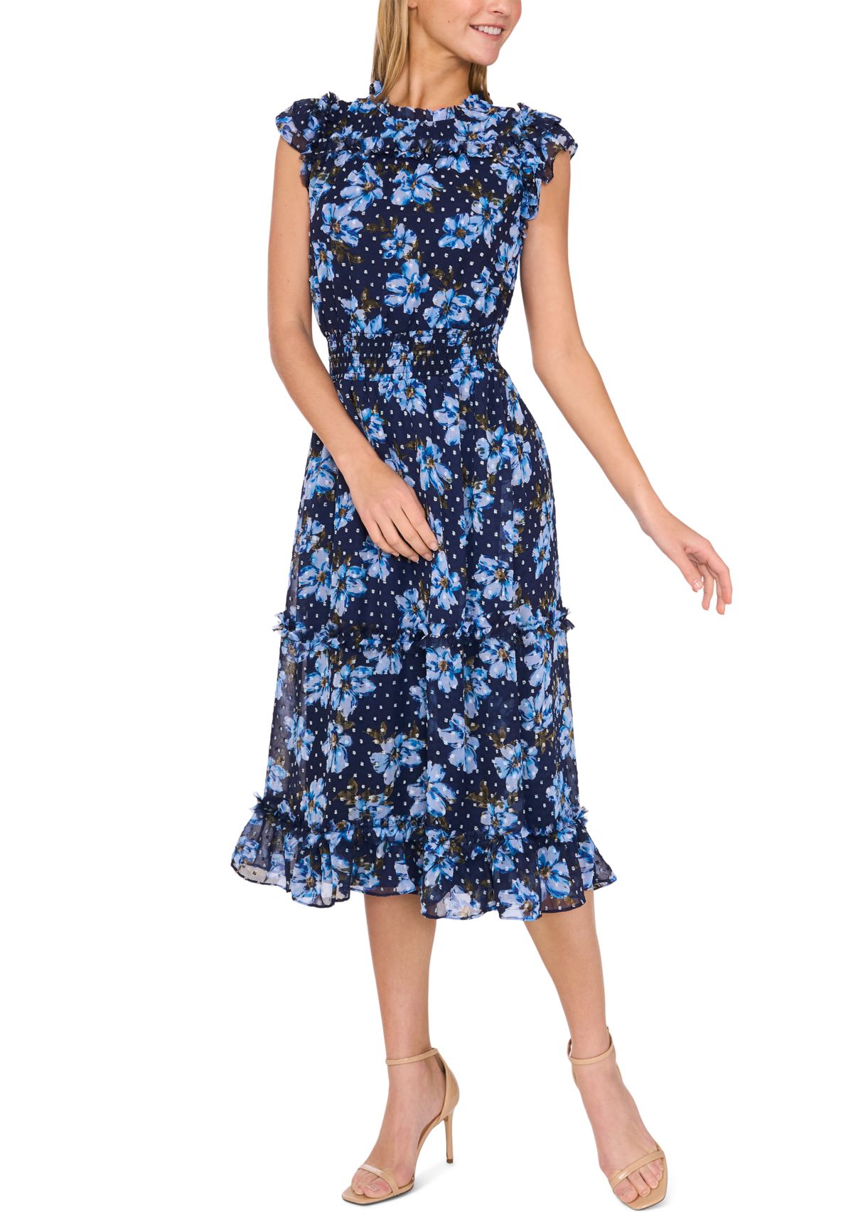 Womens Cap Sleeve Floral Smock Waist Midi Dress