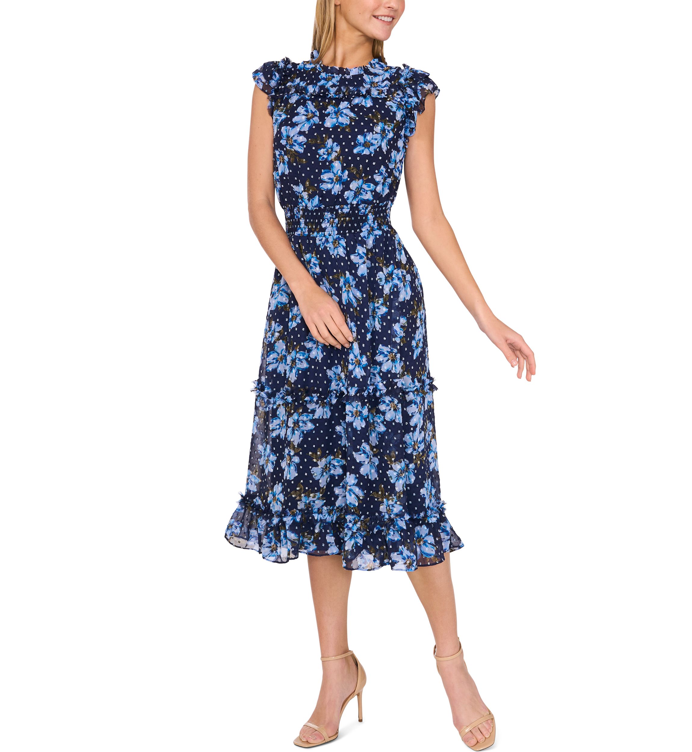 Womens Cap Sleeve Floral Smock Waist Midi Dress