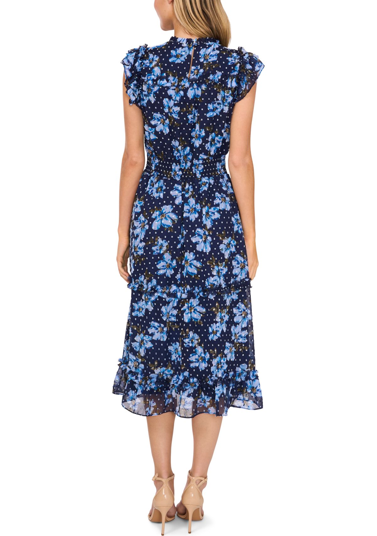 Womens Cap Sleeve Floral Smock Waist Midi Dress