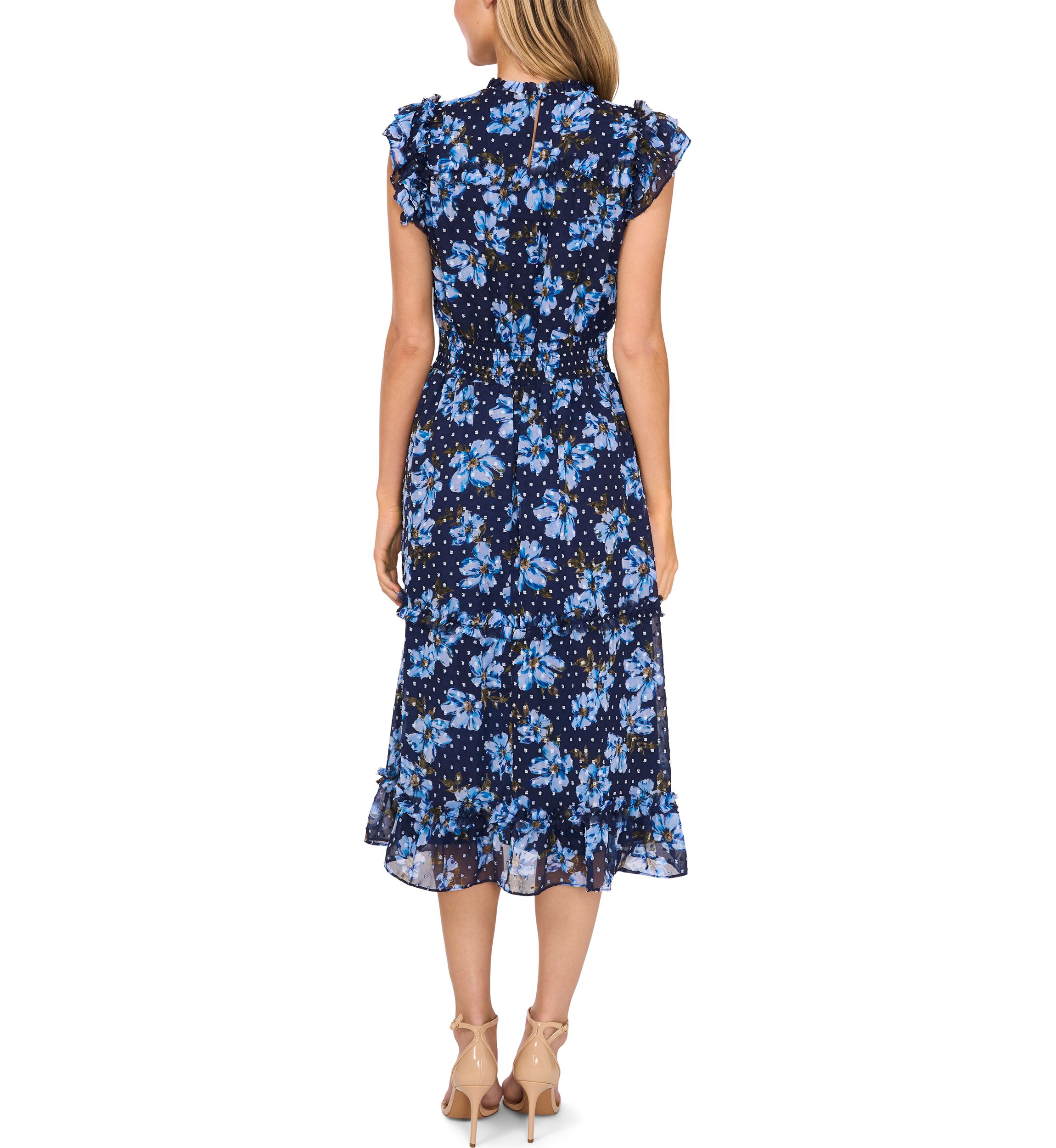 Womens Cap Sleeve Floral Smock Waist Midi Dress