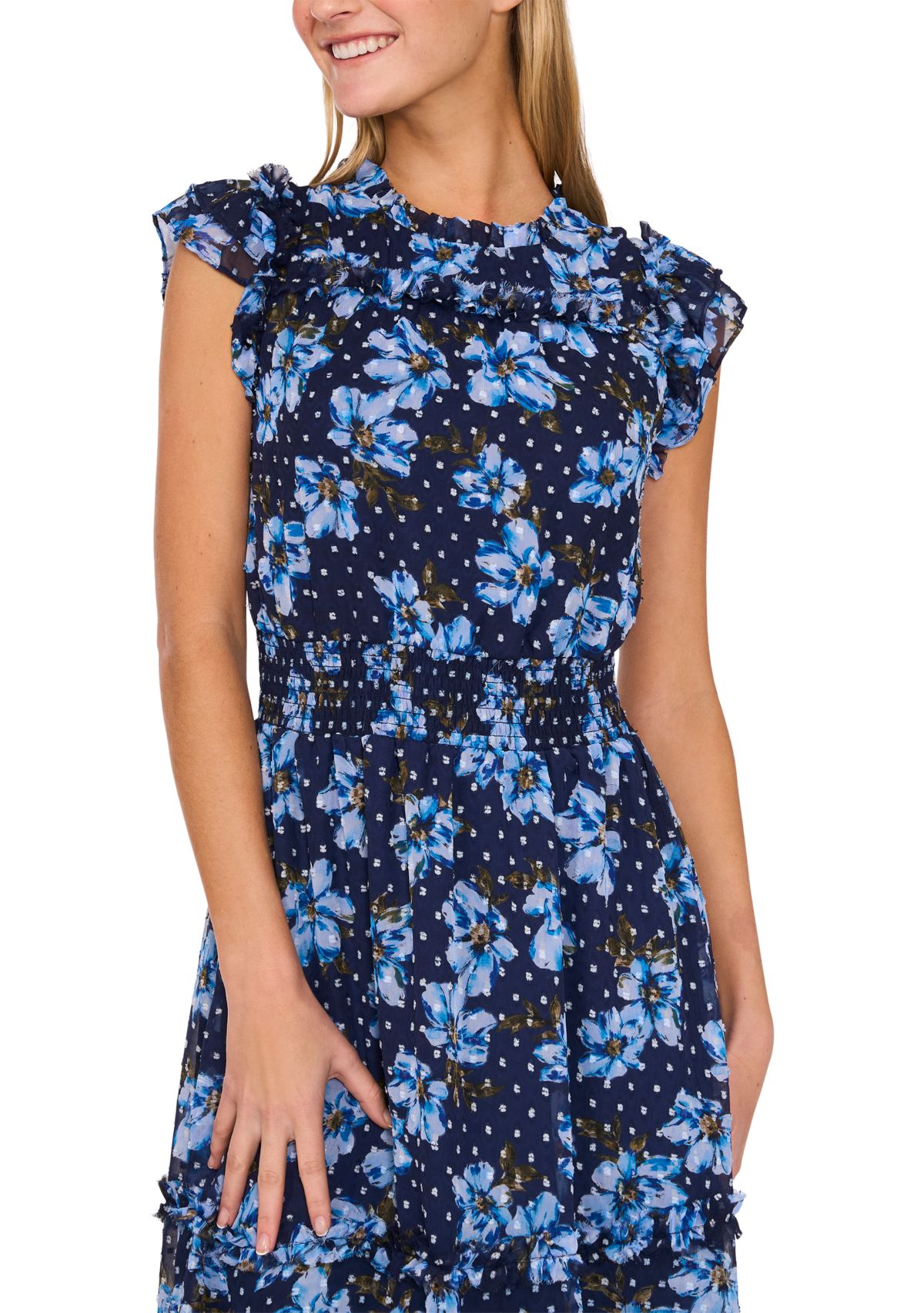 Womens Cap Sleeve Floral Smock Waist Midi Dress