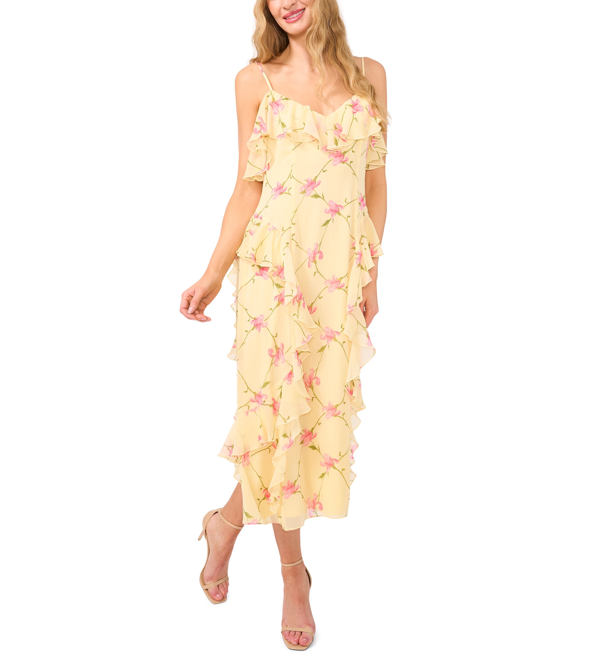 Womens Ruffle Floral Midi Slip Dress