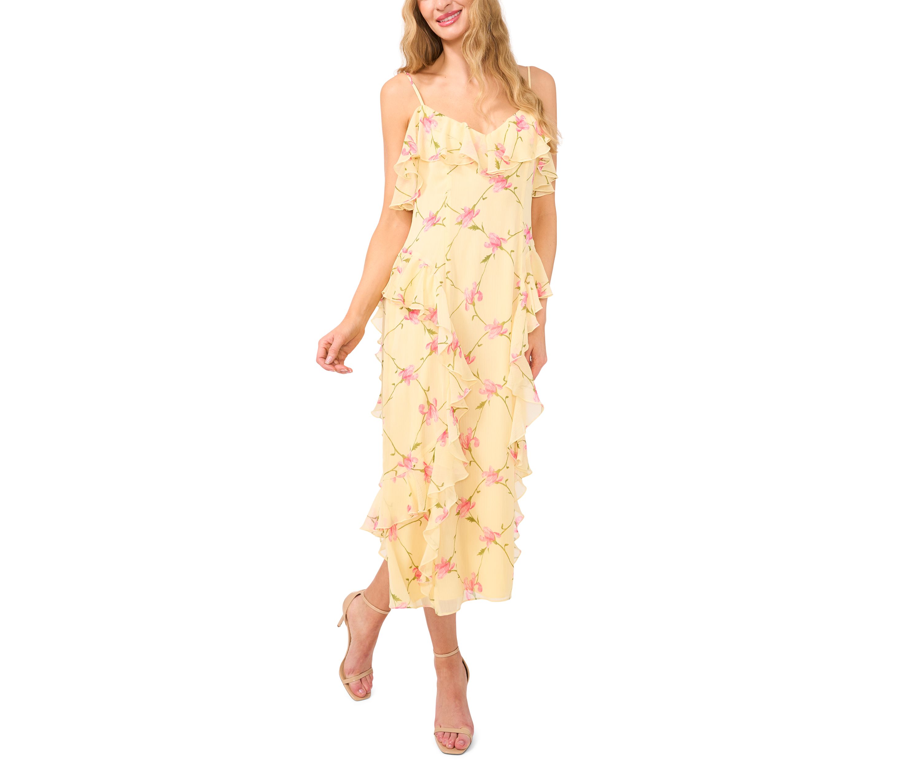 Womens Ruffle Floral Midi Slip Dress