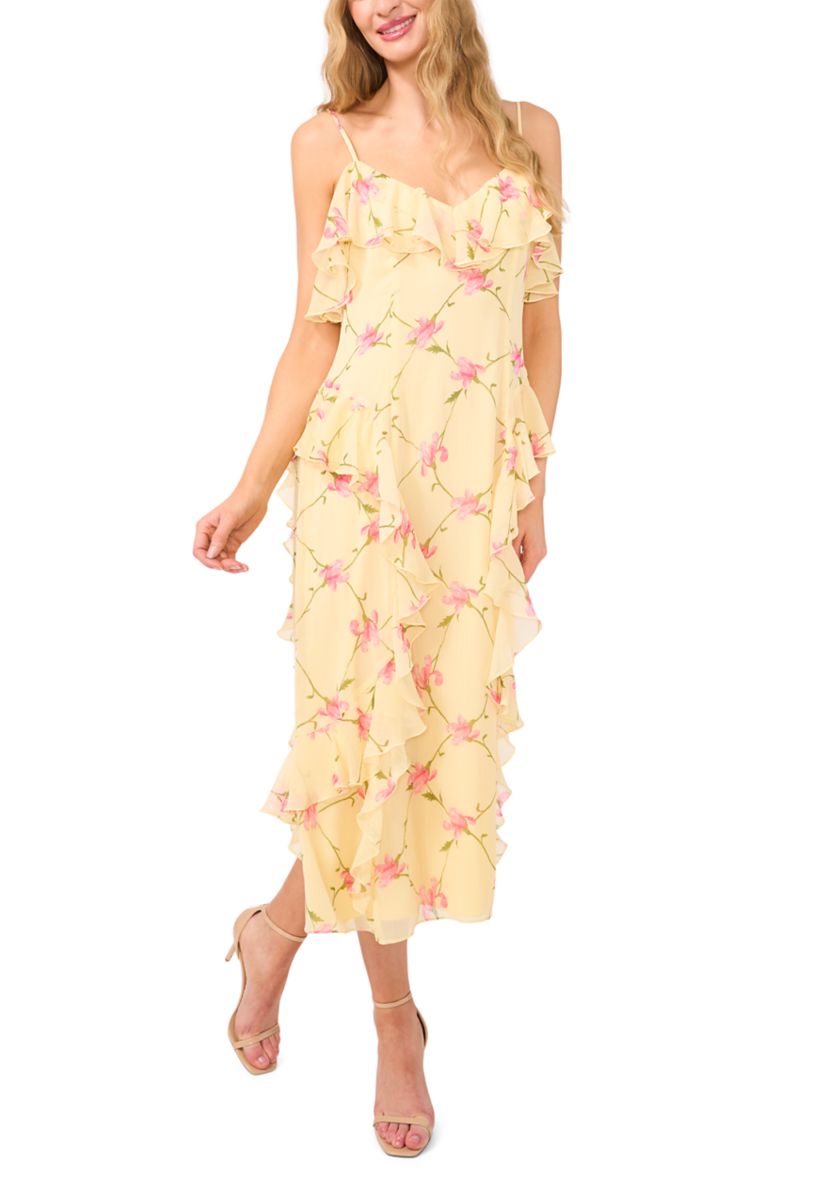 Womens Ruffle Floral Midi Slip Dress