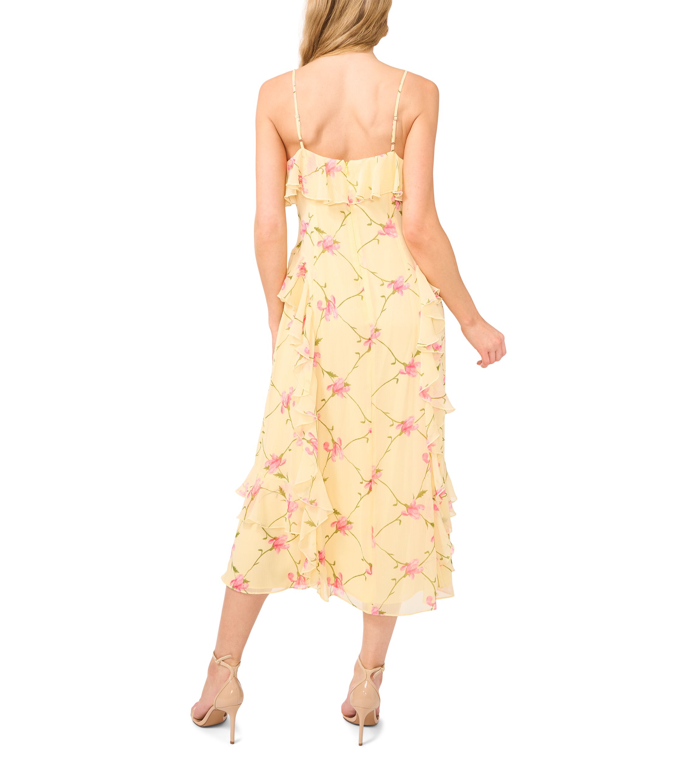 Womens Ruffle Floral Midi Slip Dress
