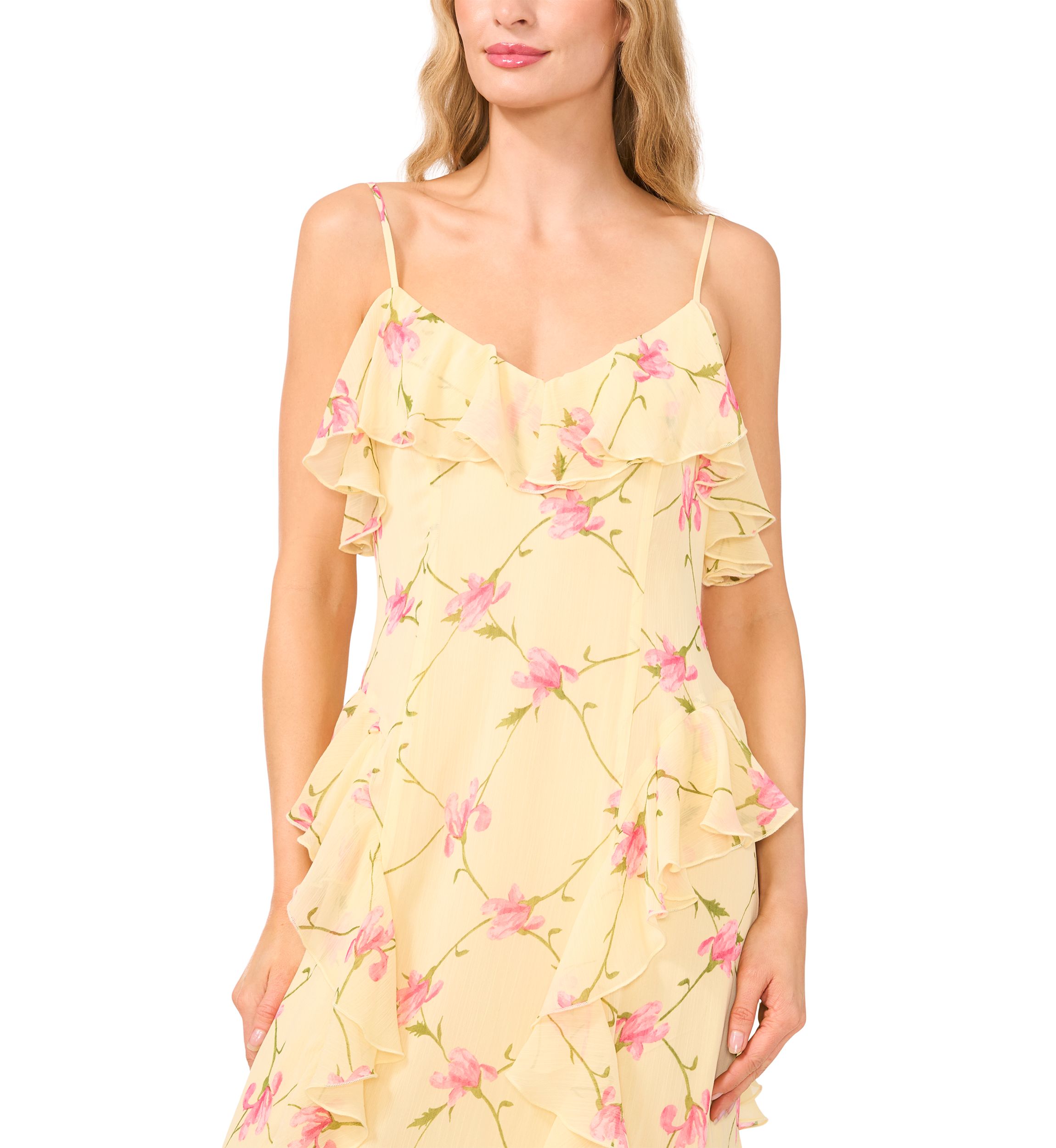 Womens Ruffle Floral Midi Slip Dress
