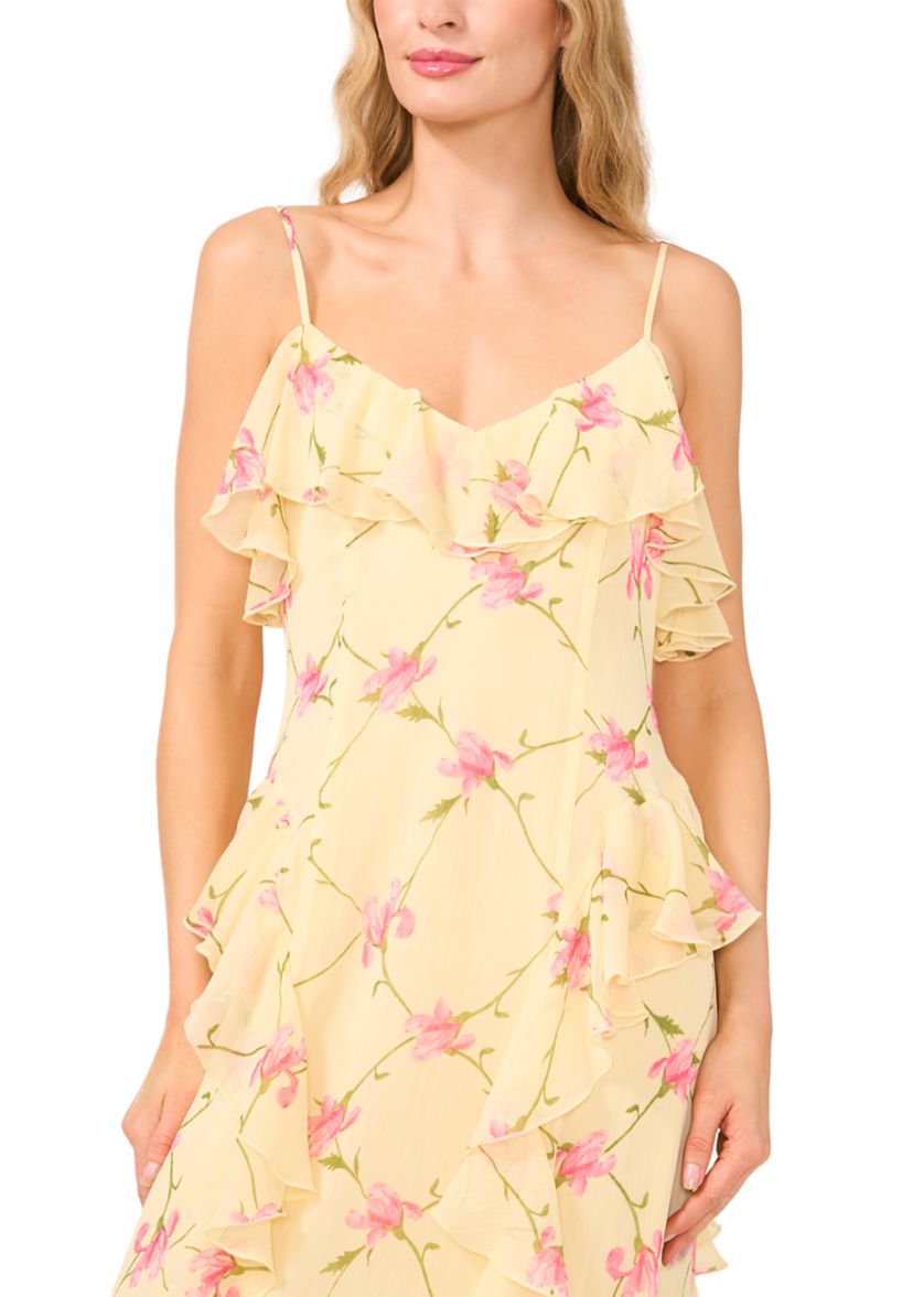 Womens Ruffle Floral Midi Slip Dress