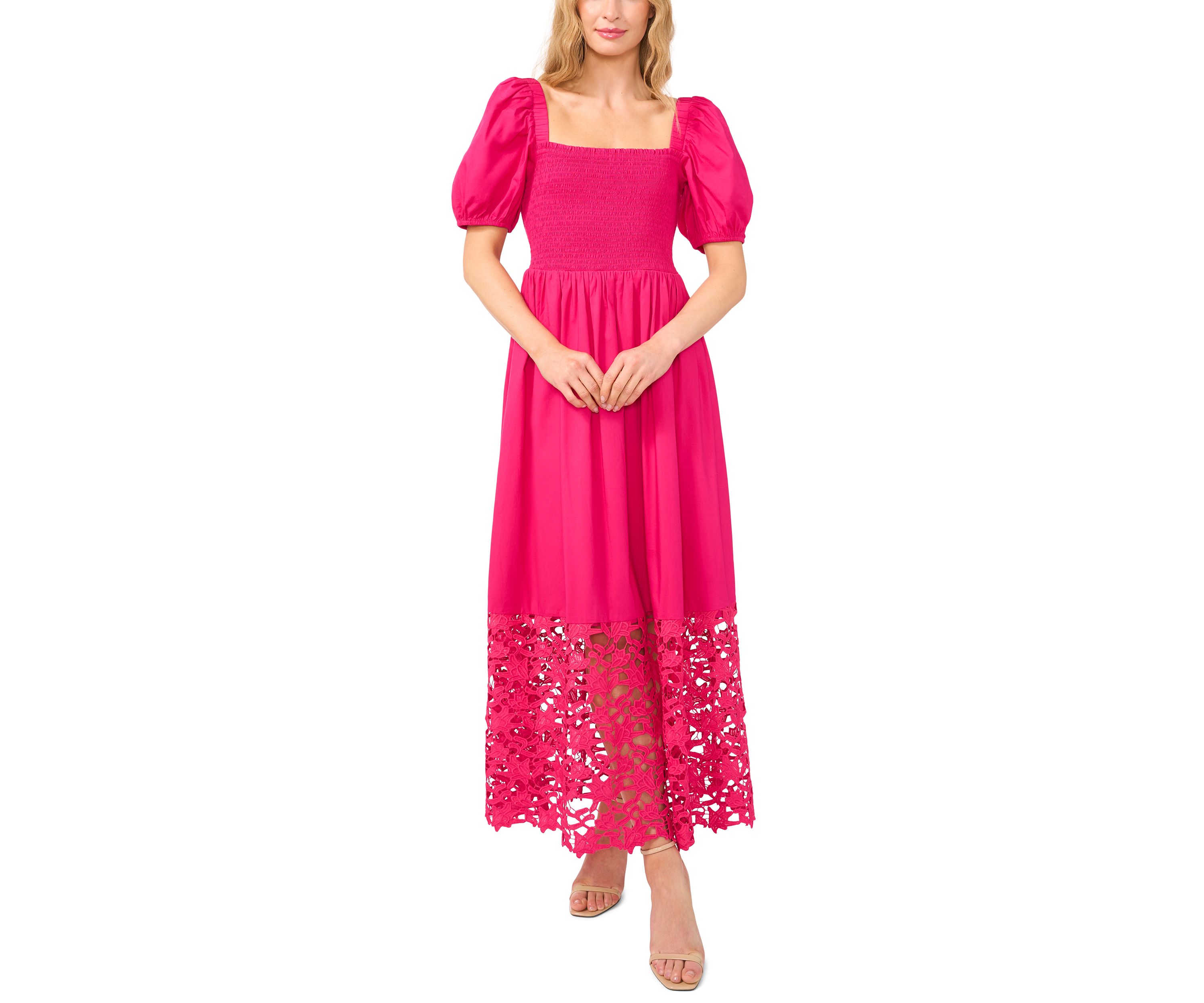 Womens Short Sleeve Smock Eyelet Midi Dress