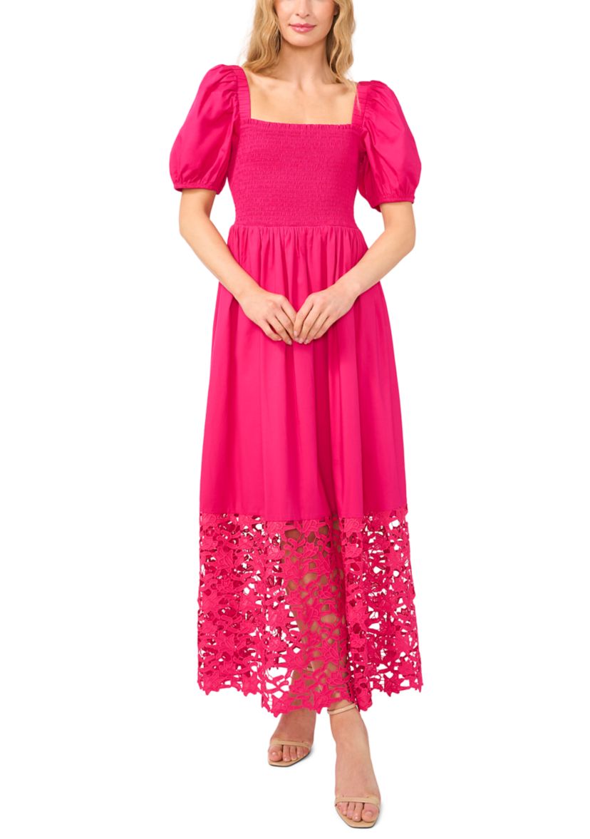 Womens Short Sleeve Smock Eyelet Midi Dress
