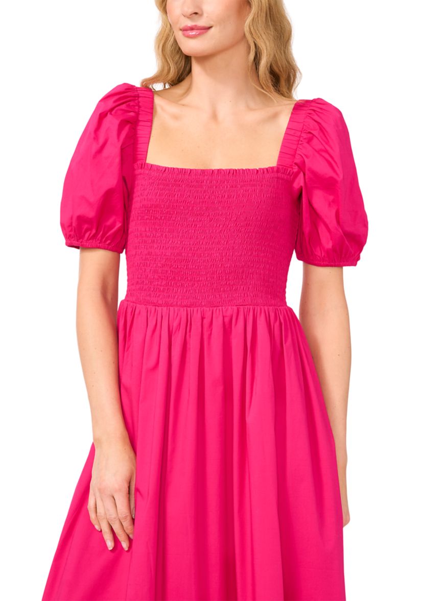 Womens Short Sleeve Smock Eyelet Midi Dress
