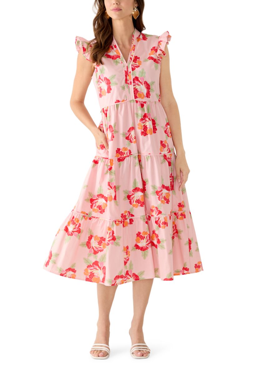 CeCe Women's Flutter Sleeve Tiered Floral Midi Dress | Belk