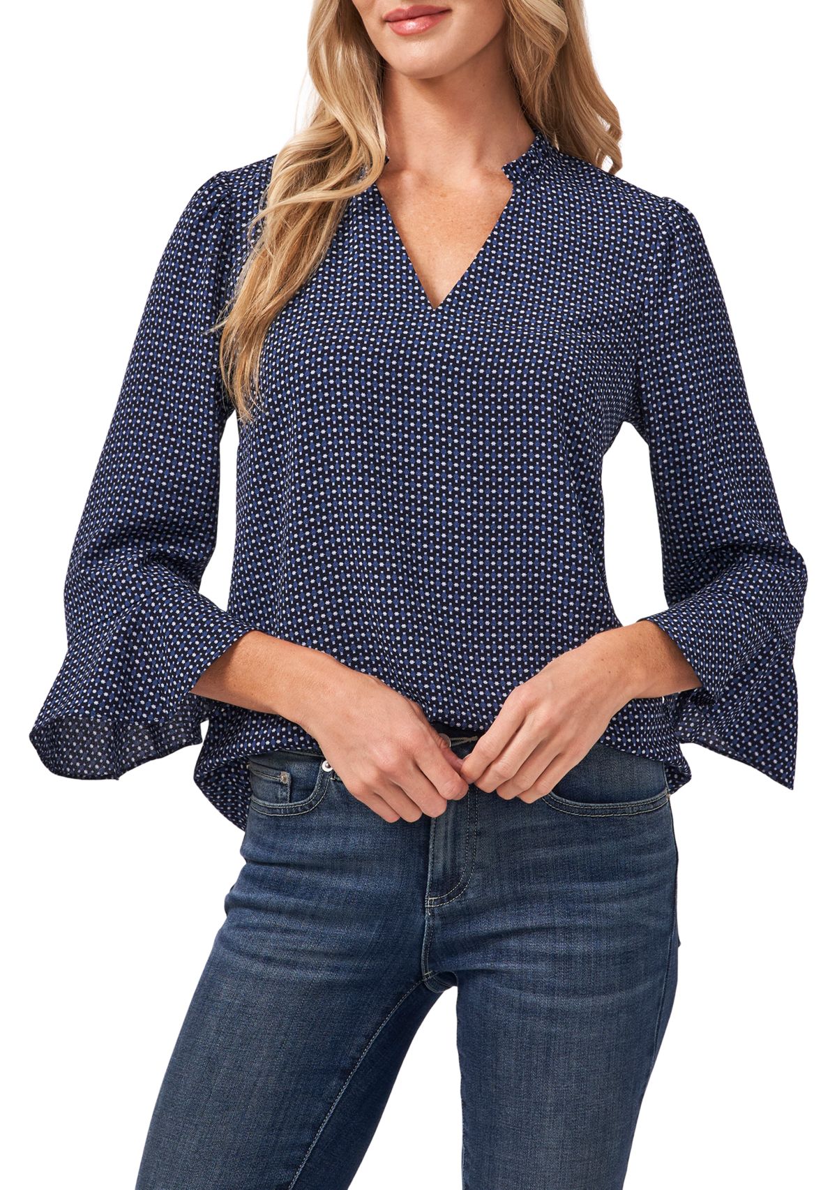 Womens Garden Geo Ruffled Sleeve Blouse