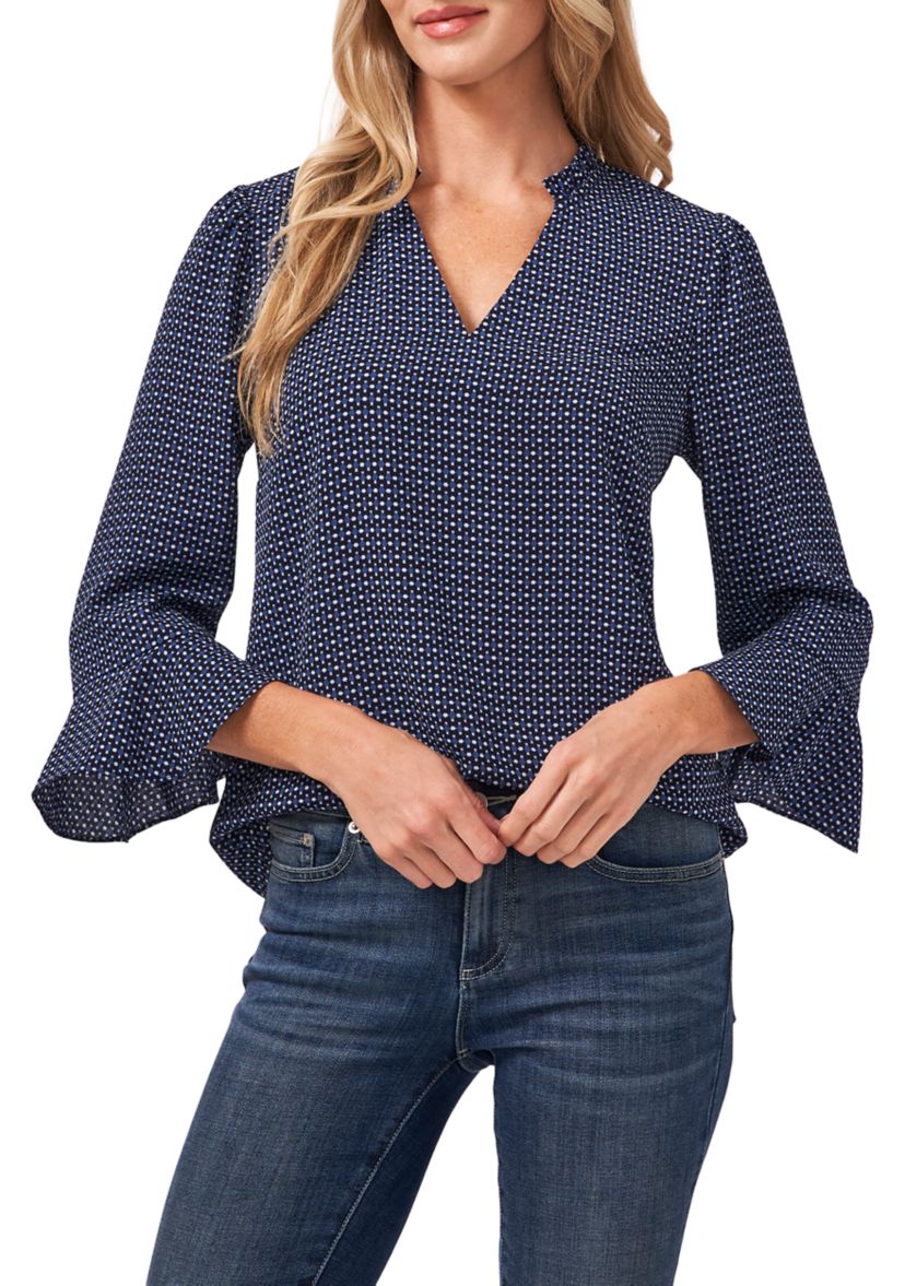 Womens Garden Geo Ruffled Sleeve Blouse