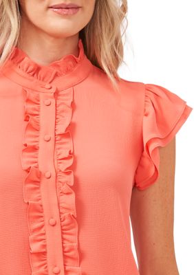 Women's Flutter Sleeve Ruffle Button Front Blouse