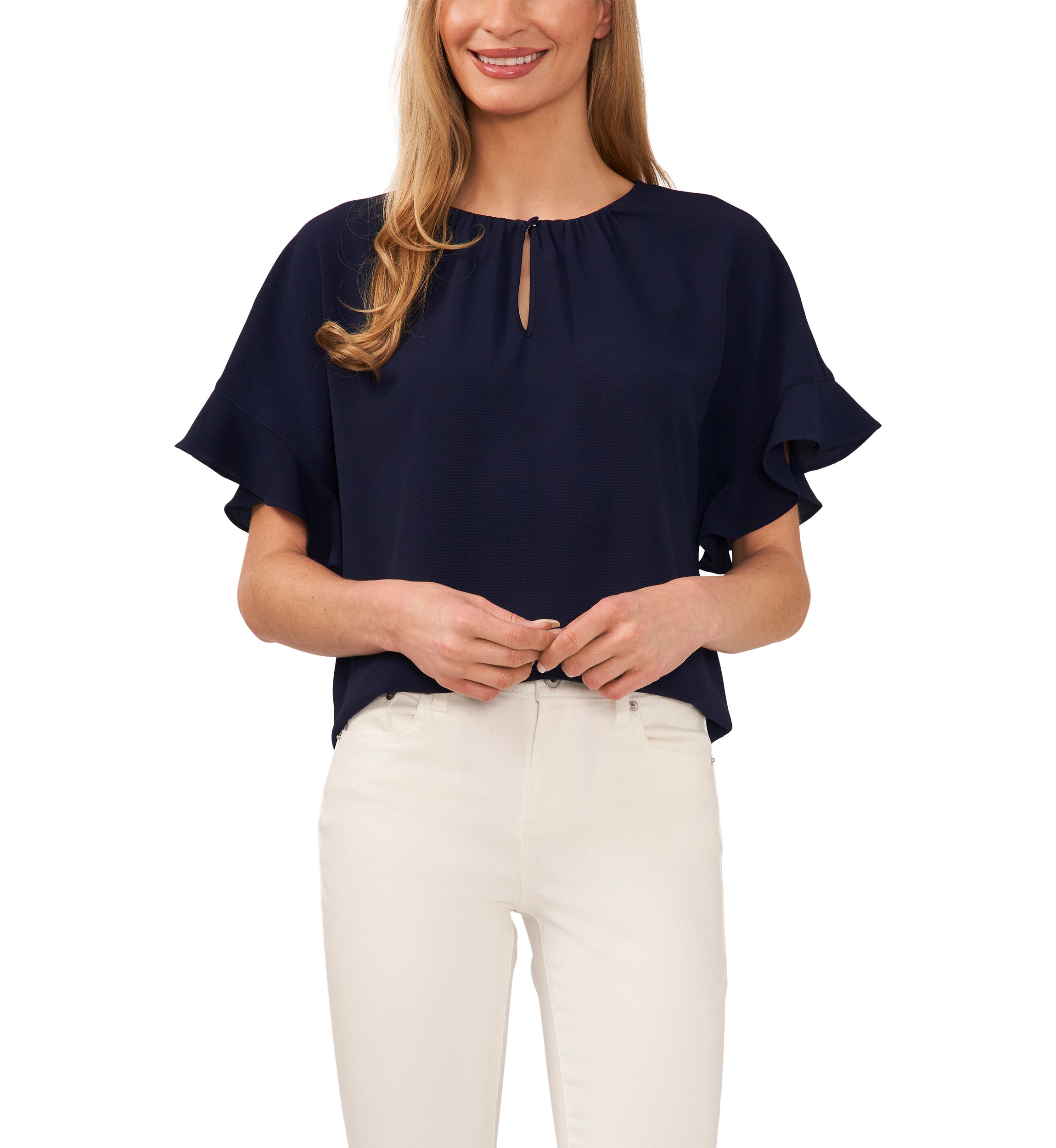 Womens Flutter Sleeve Keyhole Neck Blouse