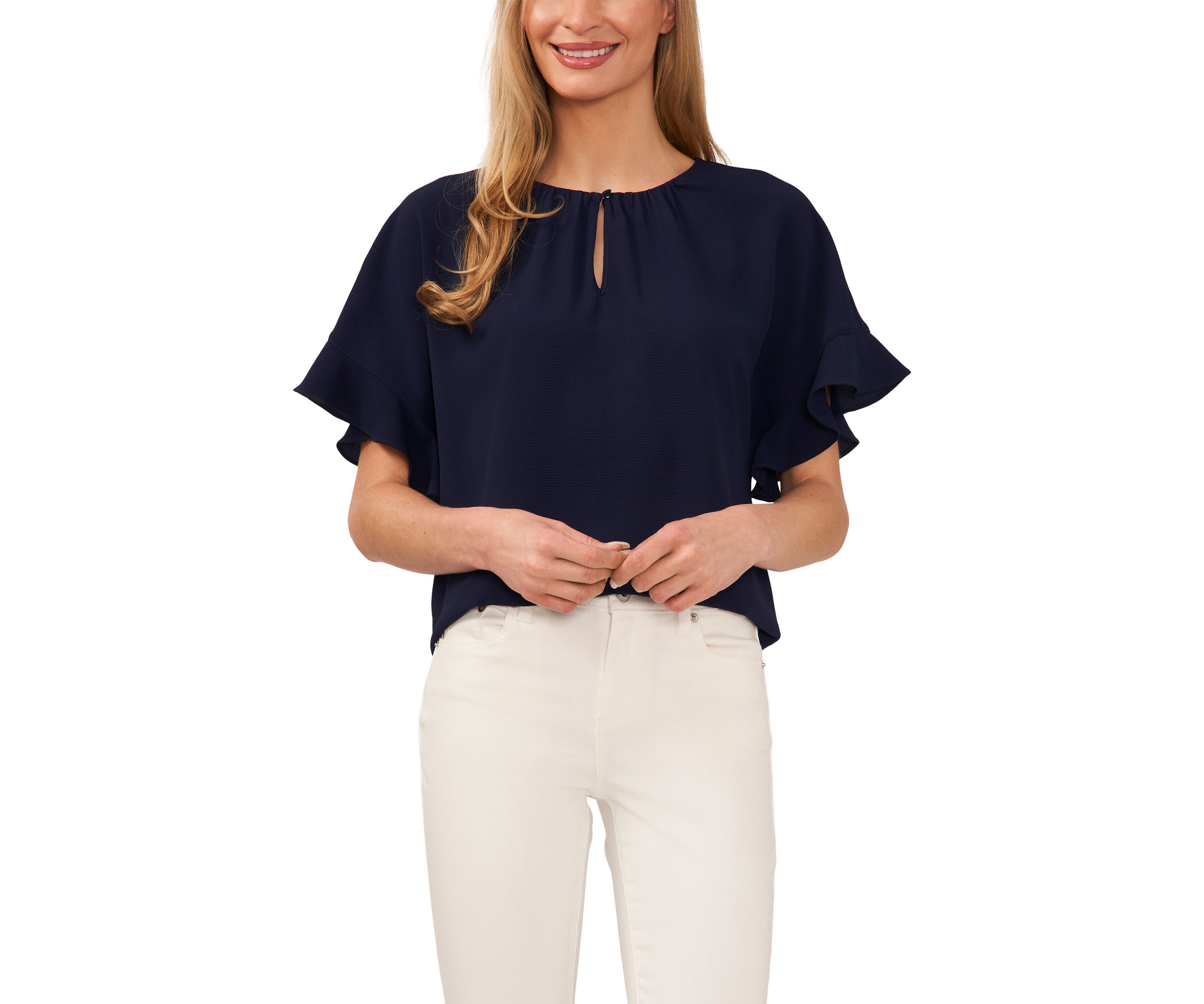 Womens Flutter Sleeve Keyhole Neck Blouse