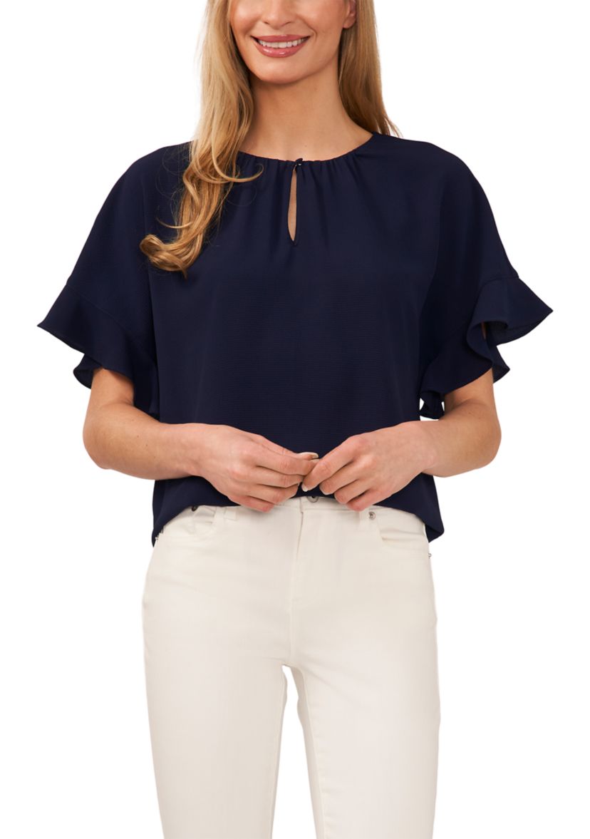 Womens Flutter Sleeve Keyhole Neck Blouse