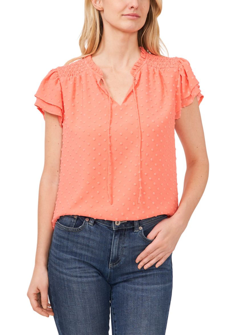 Womens Flutter Sleeve Tie Neck Blouse