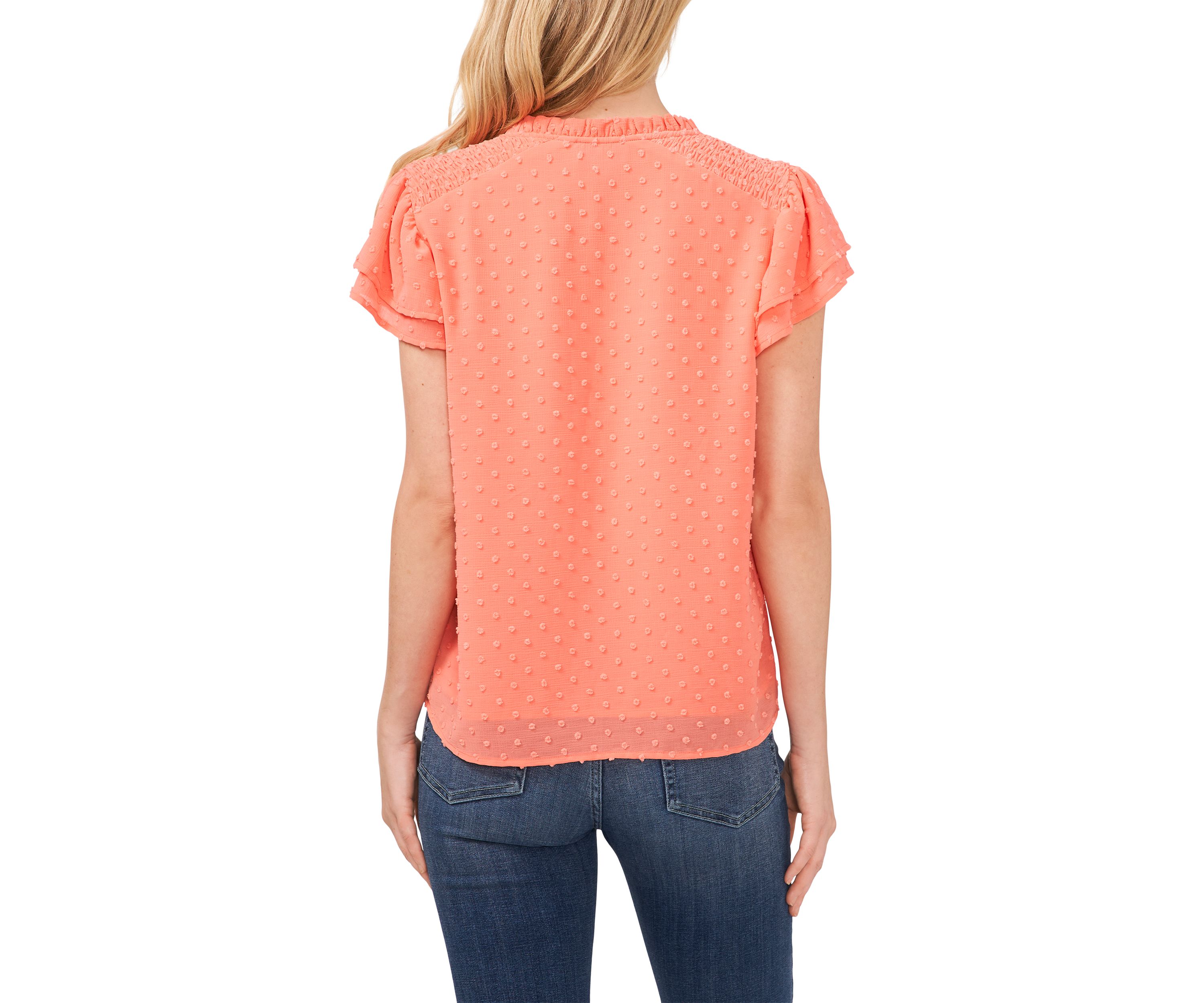 Womens Flutter Sleeve Tie Neck Blouse