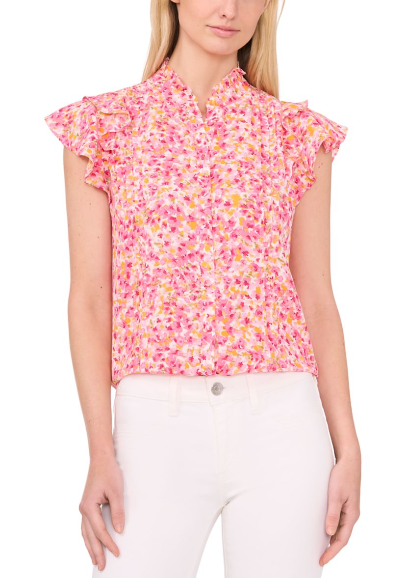 Womens Flutter Sleeve Floral Blouse