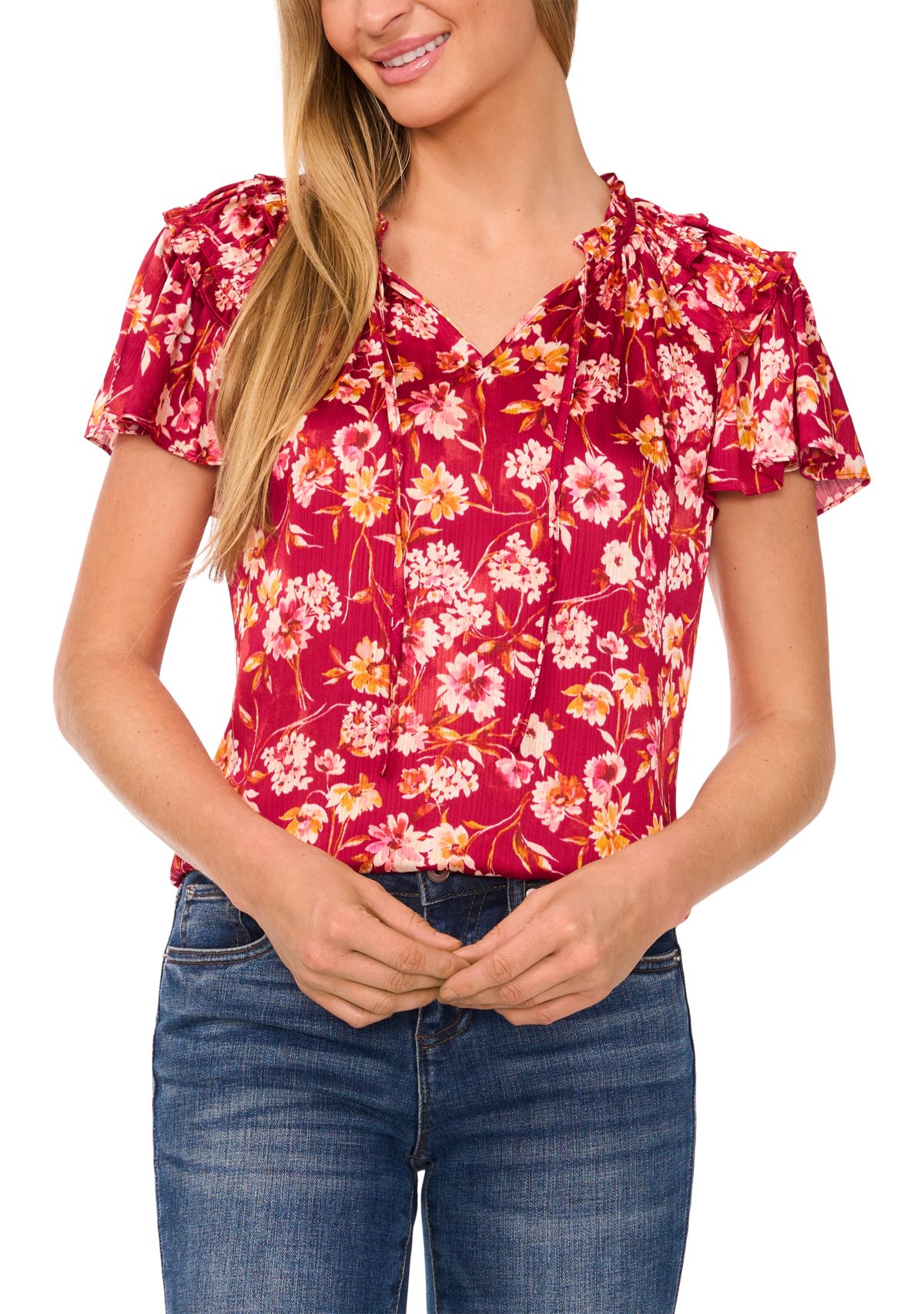 Womens Flutter Sleeve Floral Tie Neck Blouse