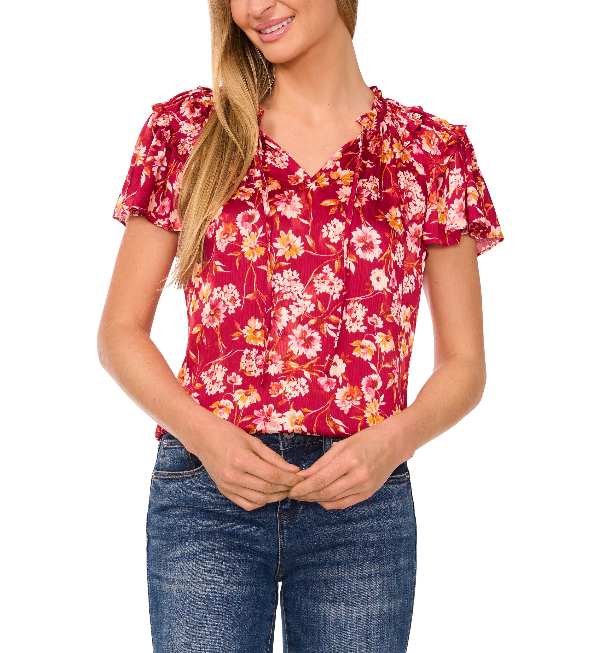 Womens Flutter Sleeve Floral Tie Neck Blouse