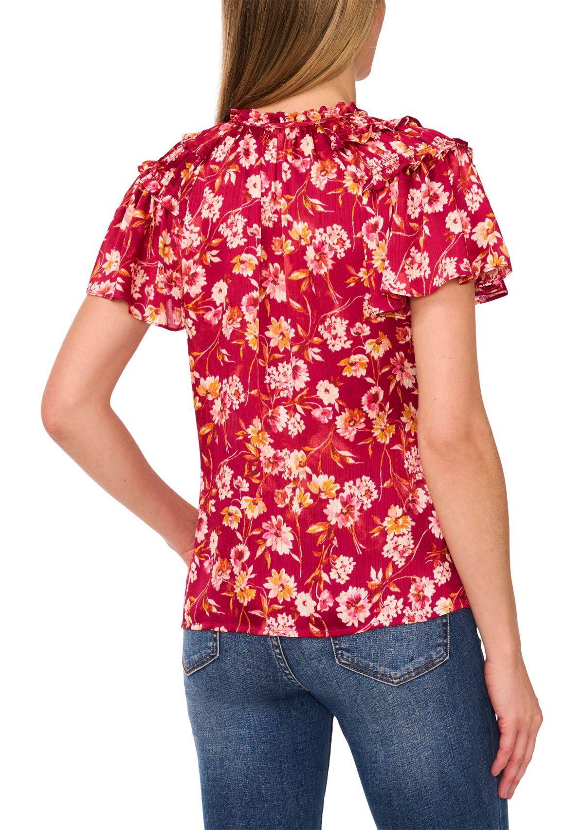 Womens Flutter Sleeve Floral Tie Neck Blouse