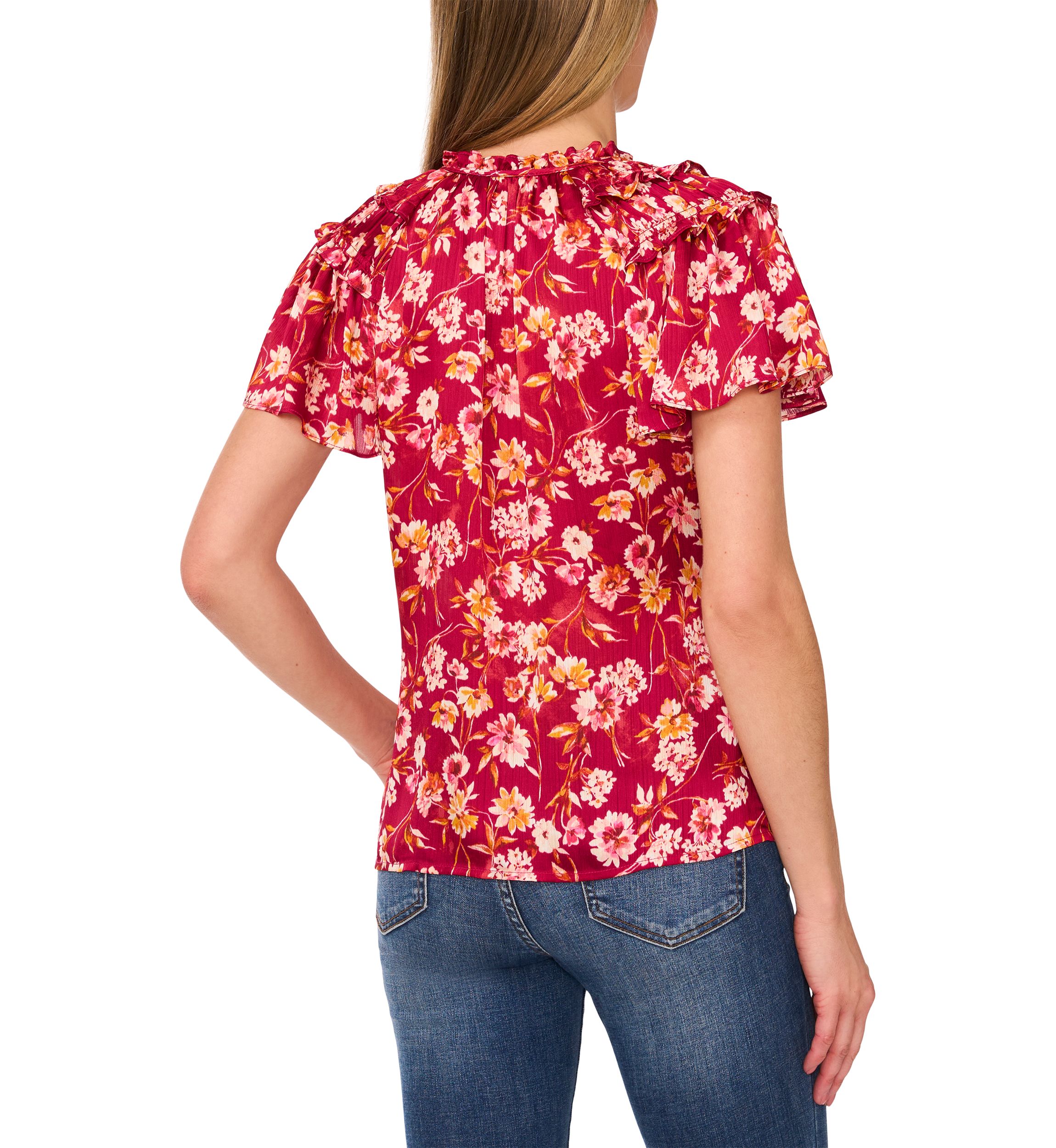 Womens Flutter Sleeve Floral Tie Neck Blouse