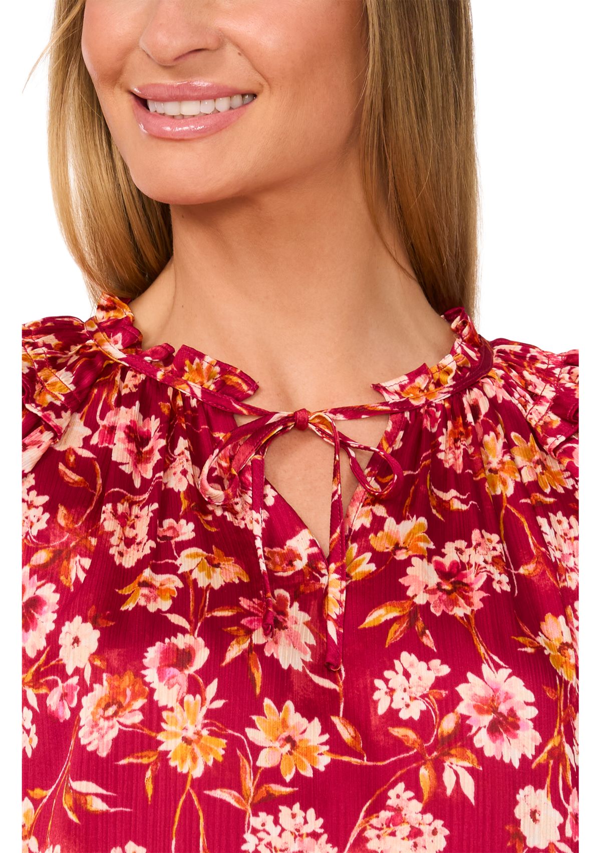 Womens Flutter Sleeve Floral Tie Neck Blouse