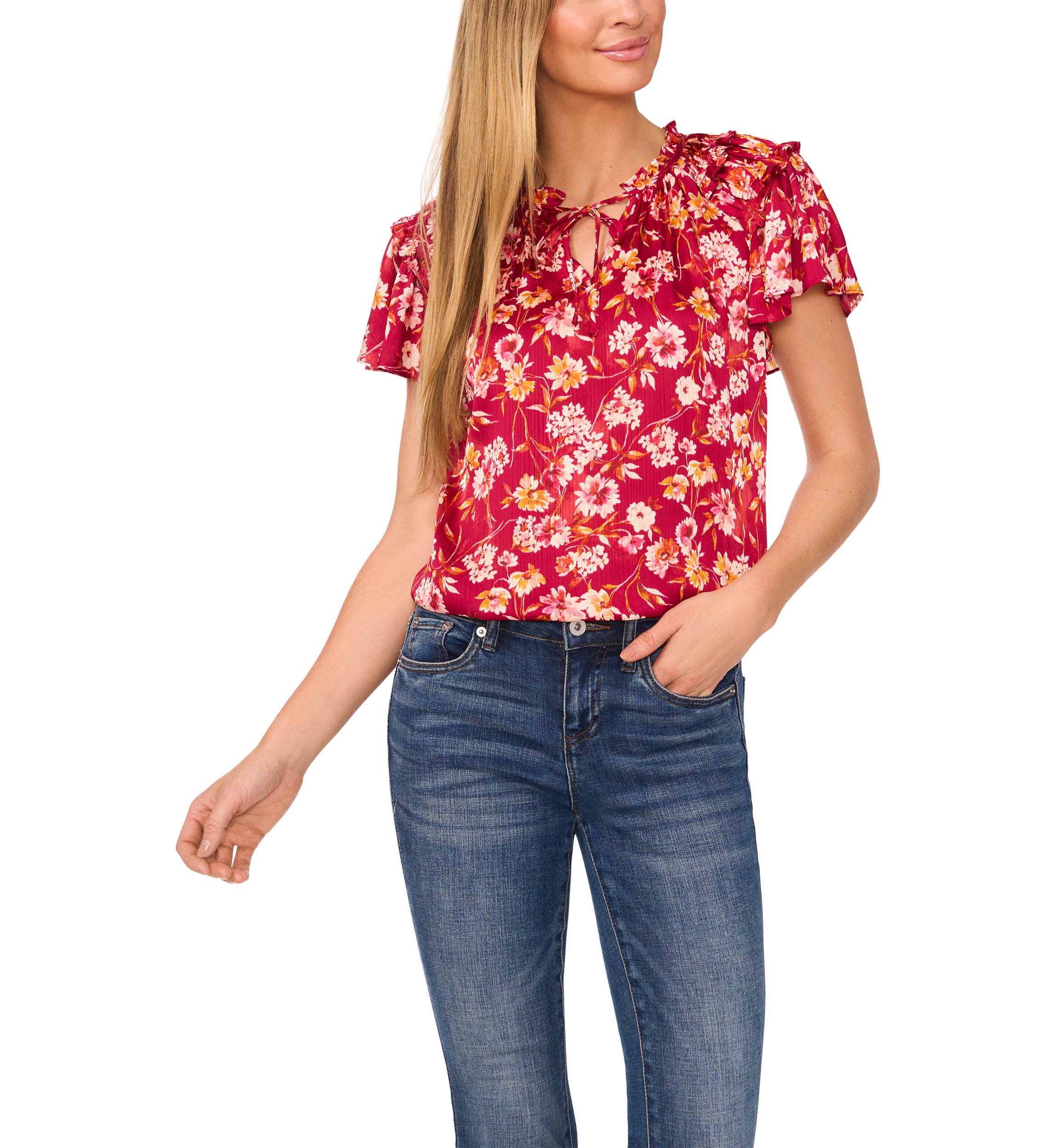Womens Flutter Sleeve Floral Tie Neck Blouse