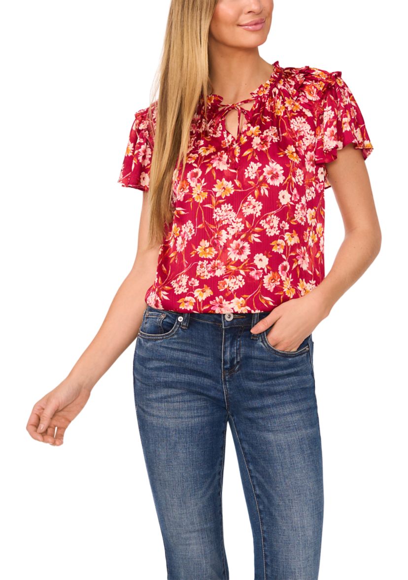 Womens Flutter Sleeve Floral Tie Neck Blouse