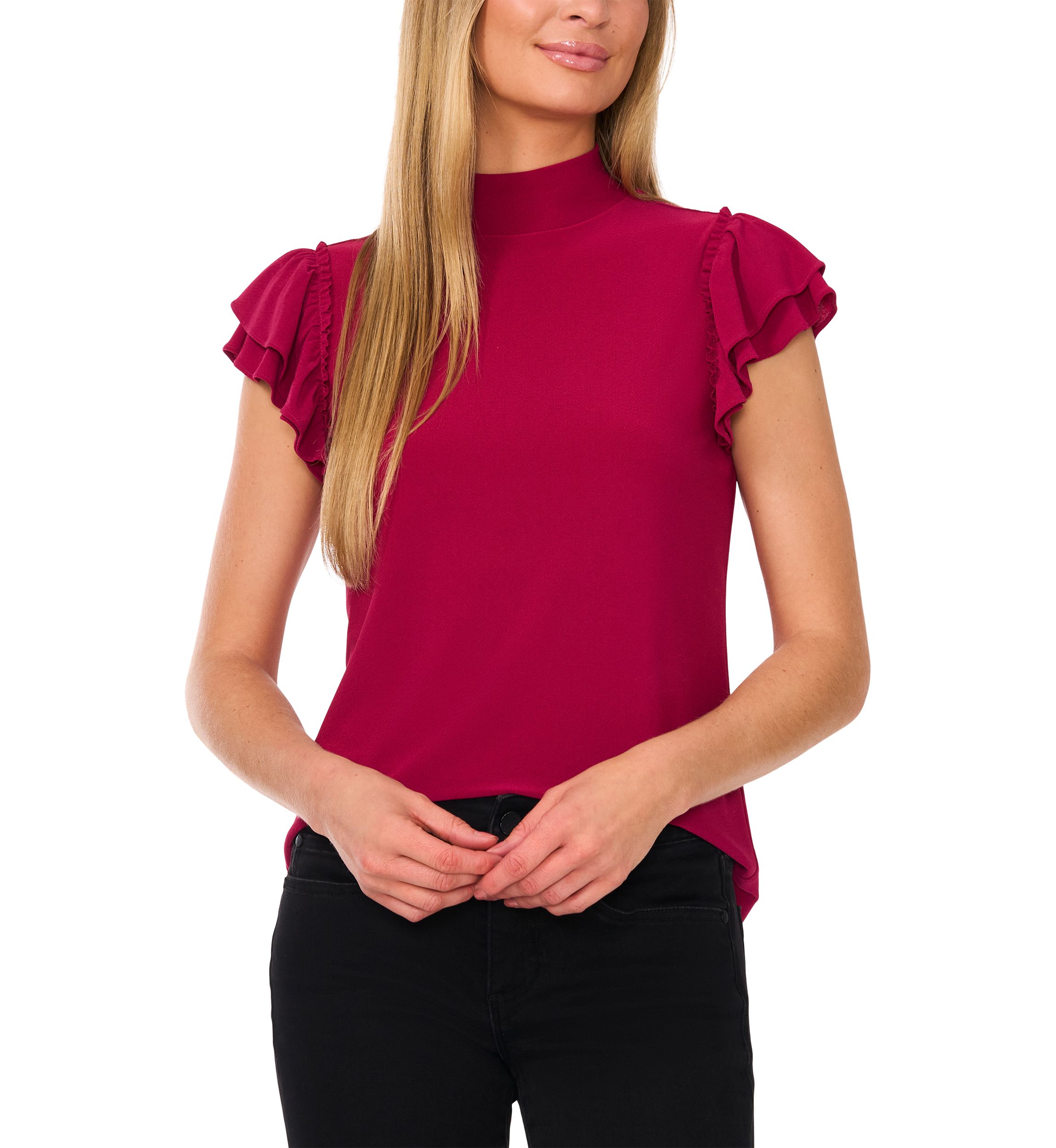 Womens Ruffle Sleeve Mock Neck Knit Top 