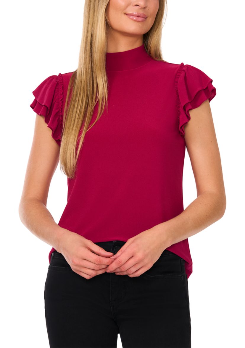 Womens Ruffle Sleeve Mock Neck Knit Top 