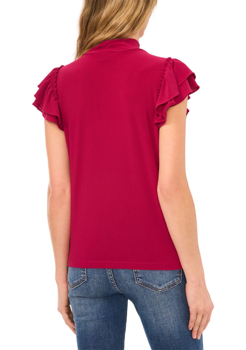 Womens Ruffle Sleeve Mock Neck Knit Top 
