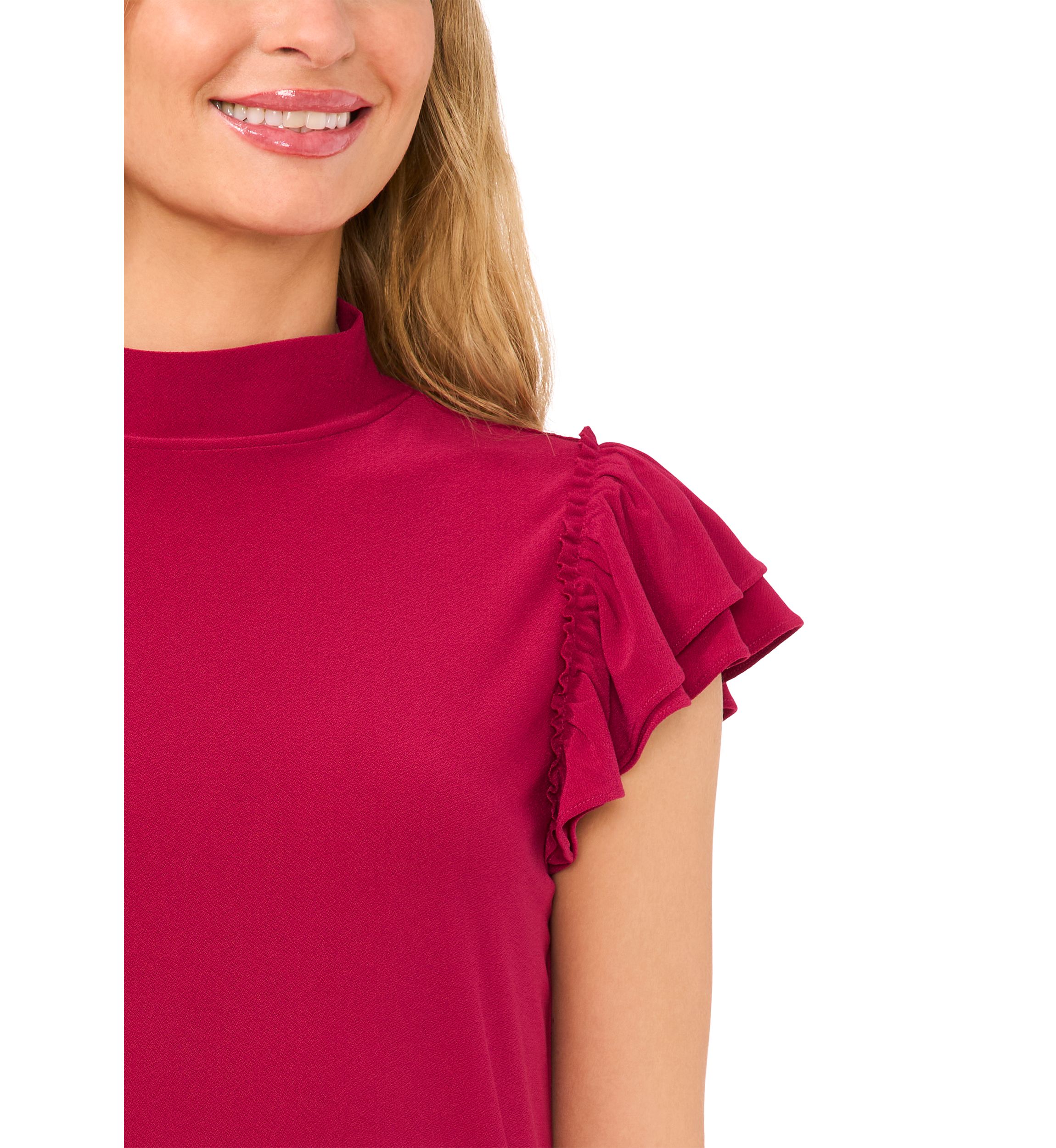 Womens Ruffle Sleeve Mock Neck Knit Top 