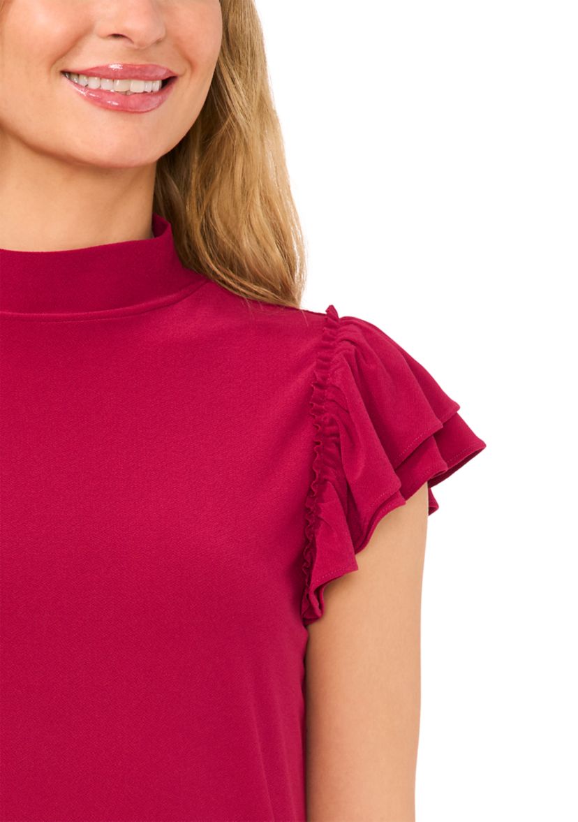 Womens Ruffle Sleeve Mock Neck Knit Top 