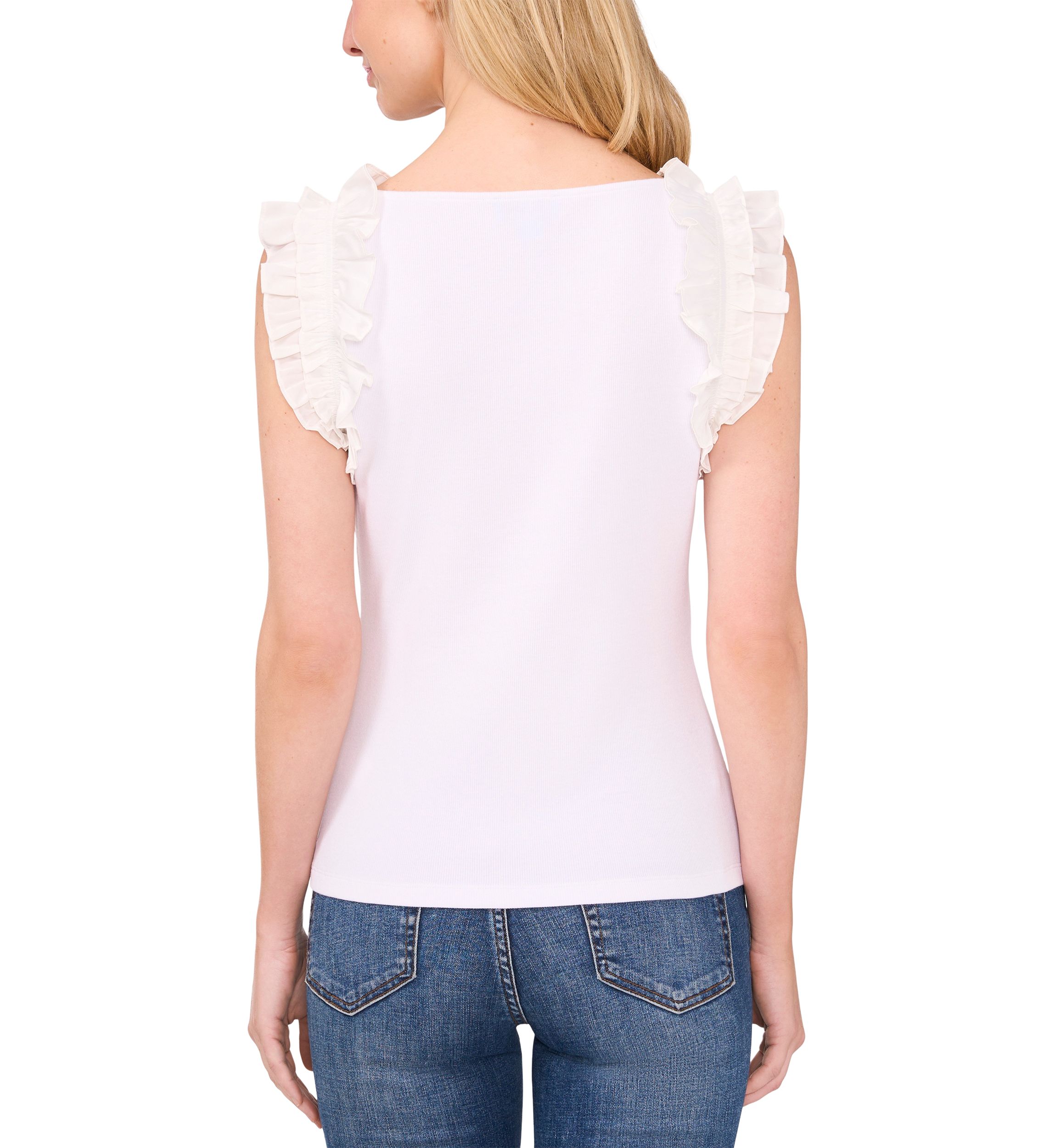Womens Ruffle Sleeve Mixed Media Tank Top