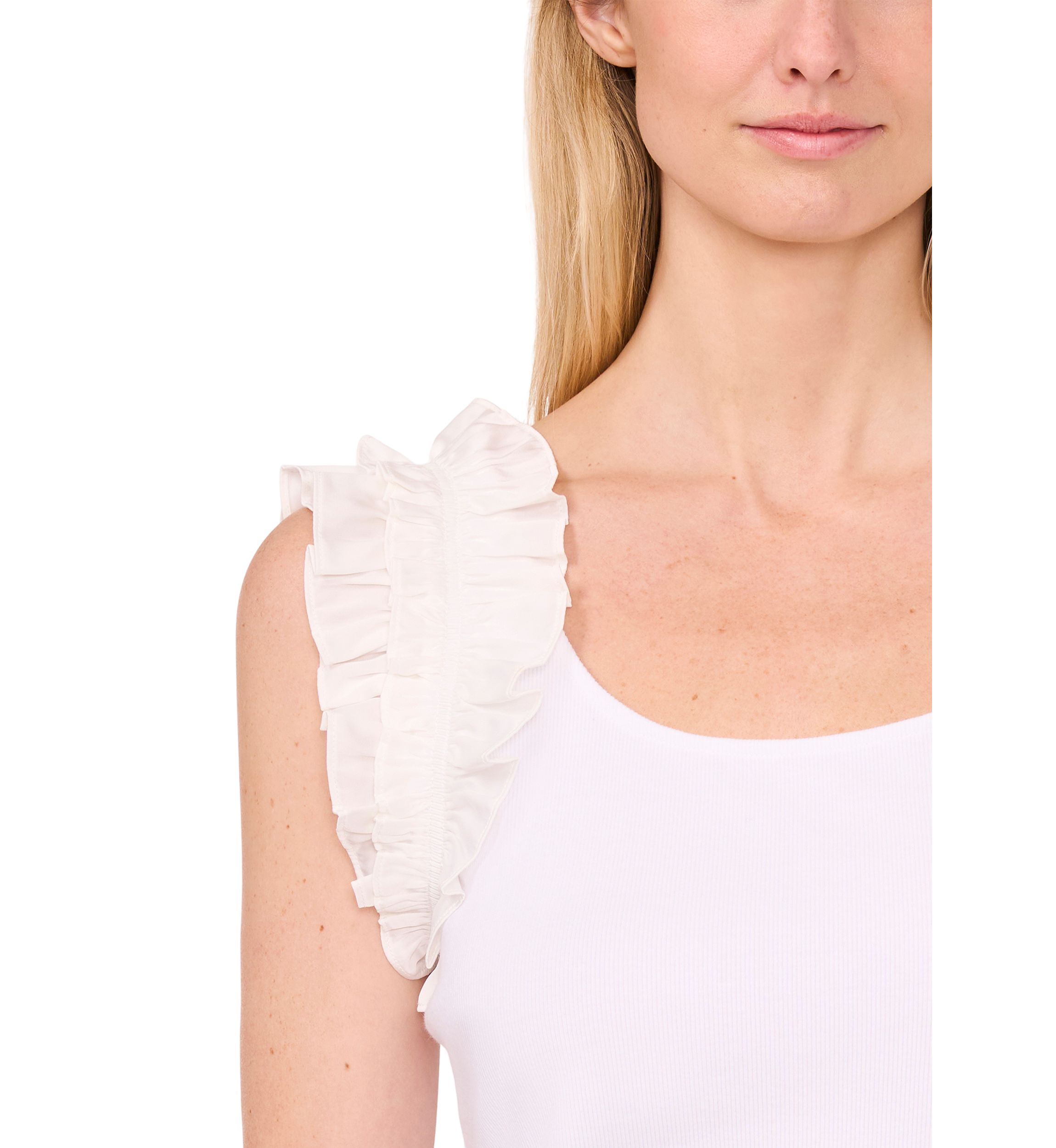 Womens Ruffle Sleeve Mixed Media Tank Top