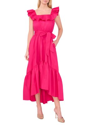 Women's Ruffle Square Neck Cotton Midi Dress