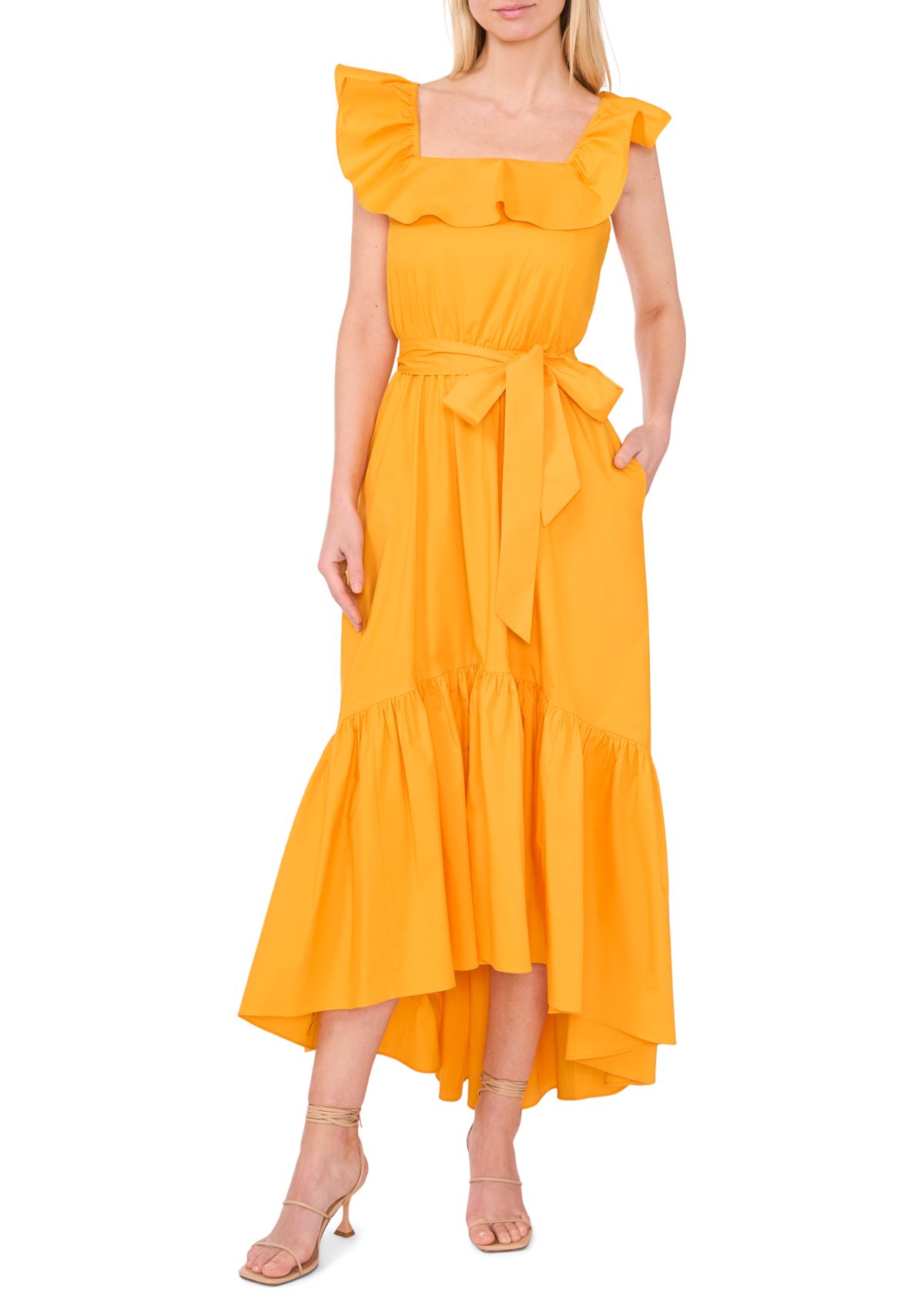 Womens Ruffle Square Neck Cotton Midi Dress