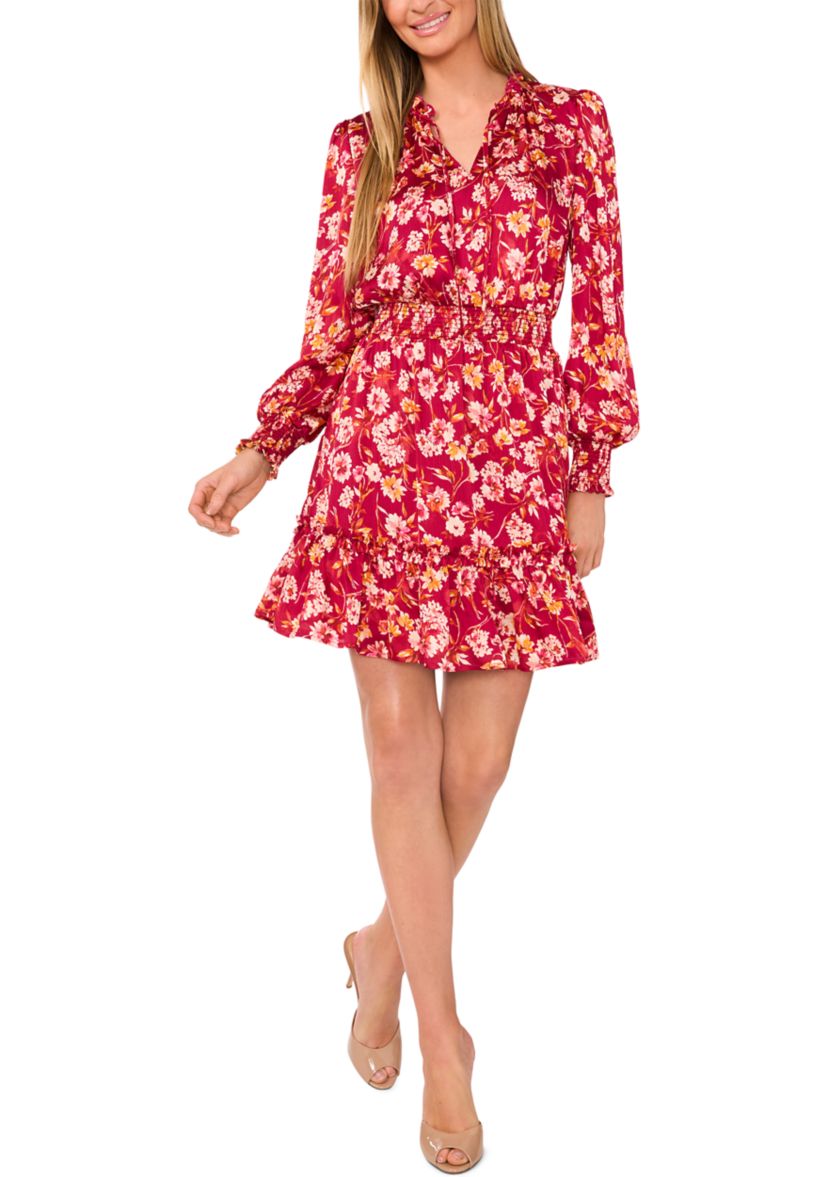 Womens Long Sleeve Split Neck Floral Babydoll Dress