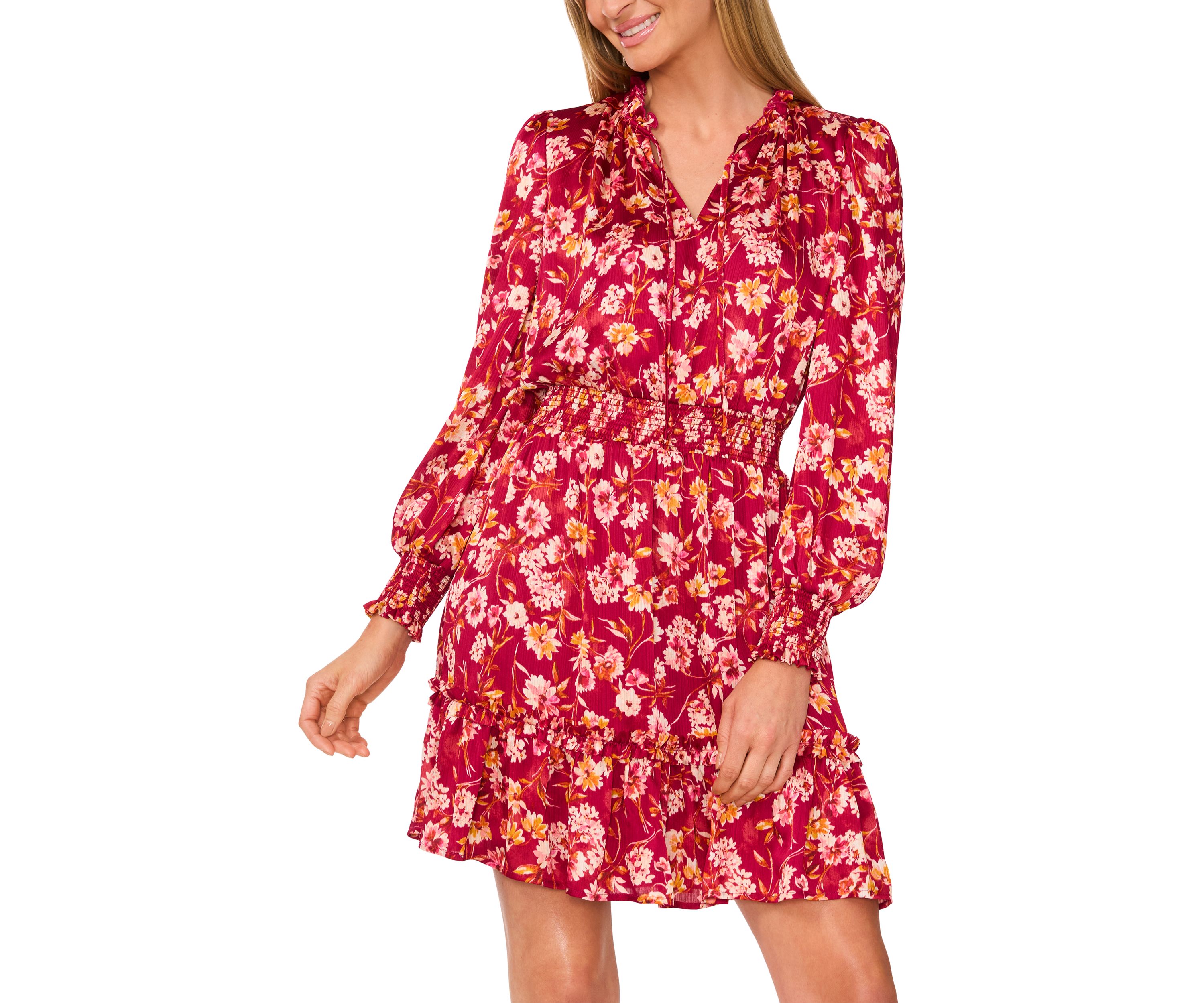 Womens Long Sleeve Split Neck Floral Babydoll Dress