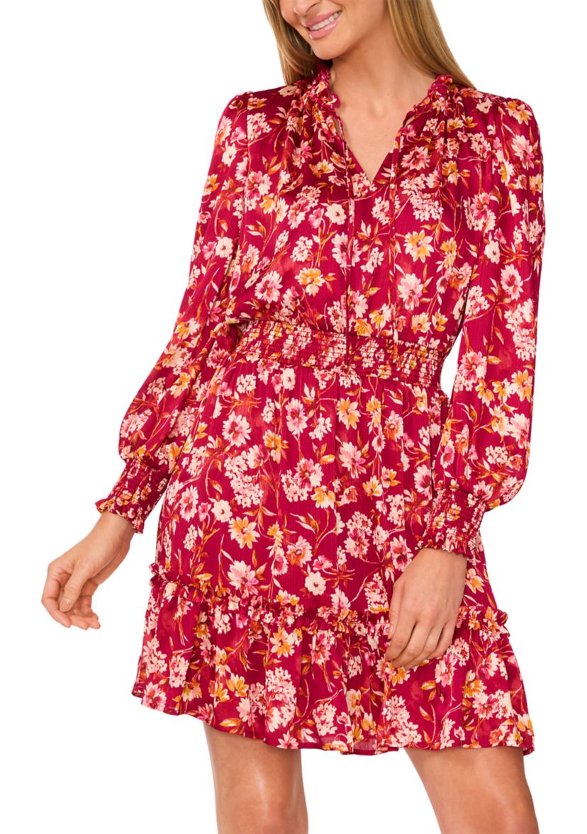 Womens Long Sleeve Split Neck Floral Babydoll Dress