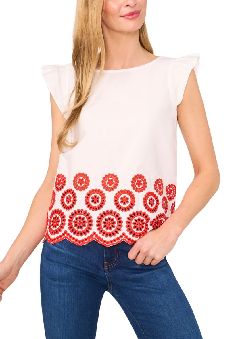 Womens Flutter Sleeve Embroidered Hem Top