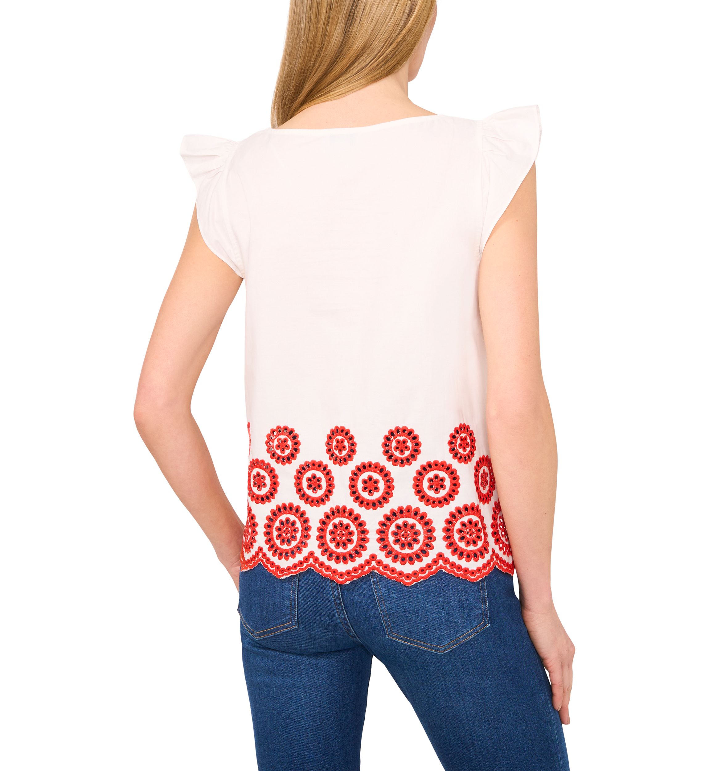 Womens Flutter Sleeve Embroidered Hem Top