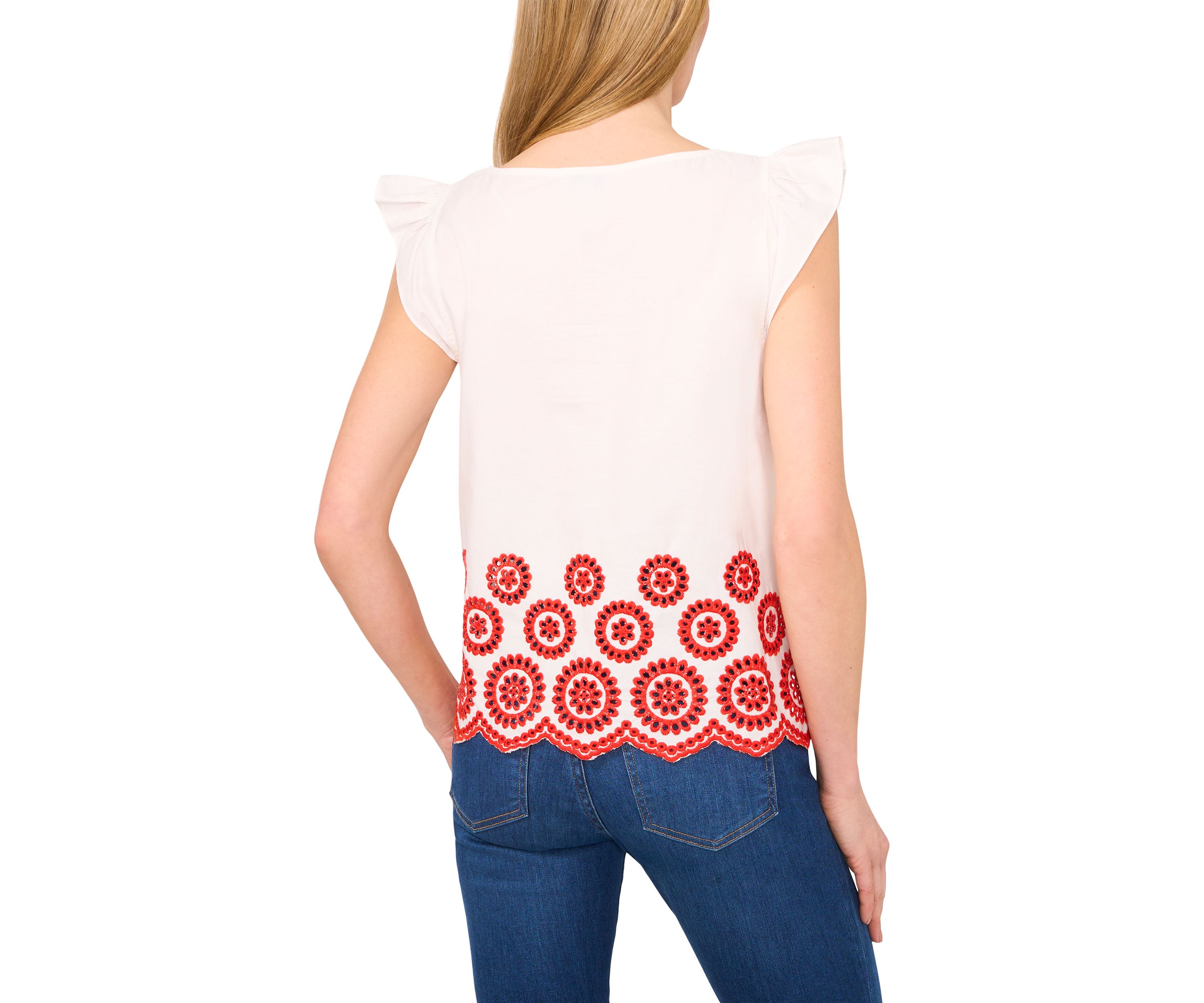 Womens Flutter Sleeve Embroidered Hem Top