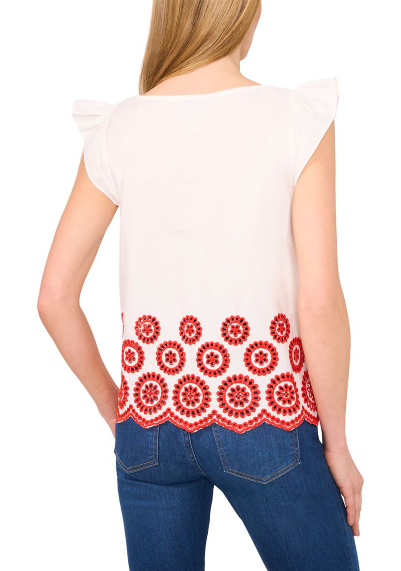 Womens Flutter Sleeve Embroidered Hem Top
