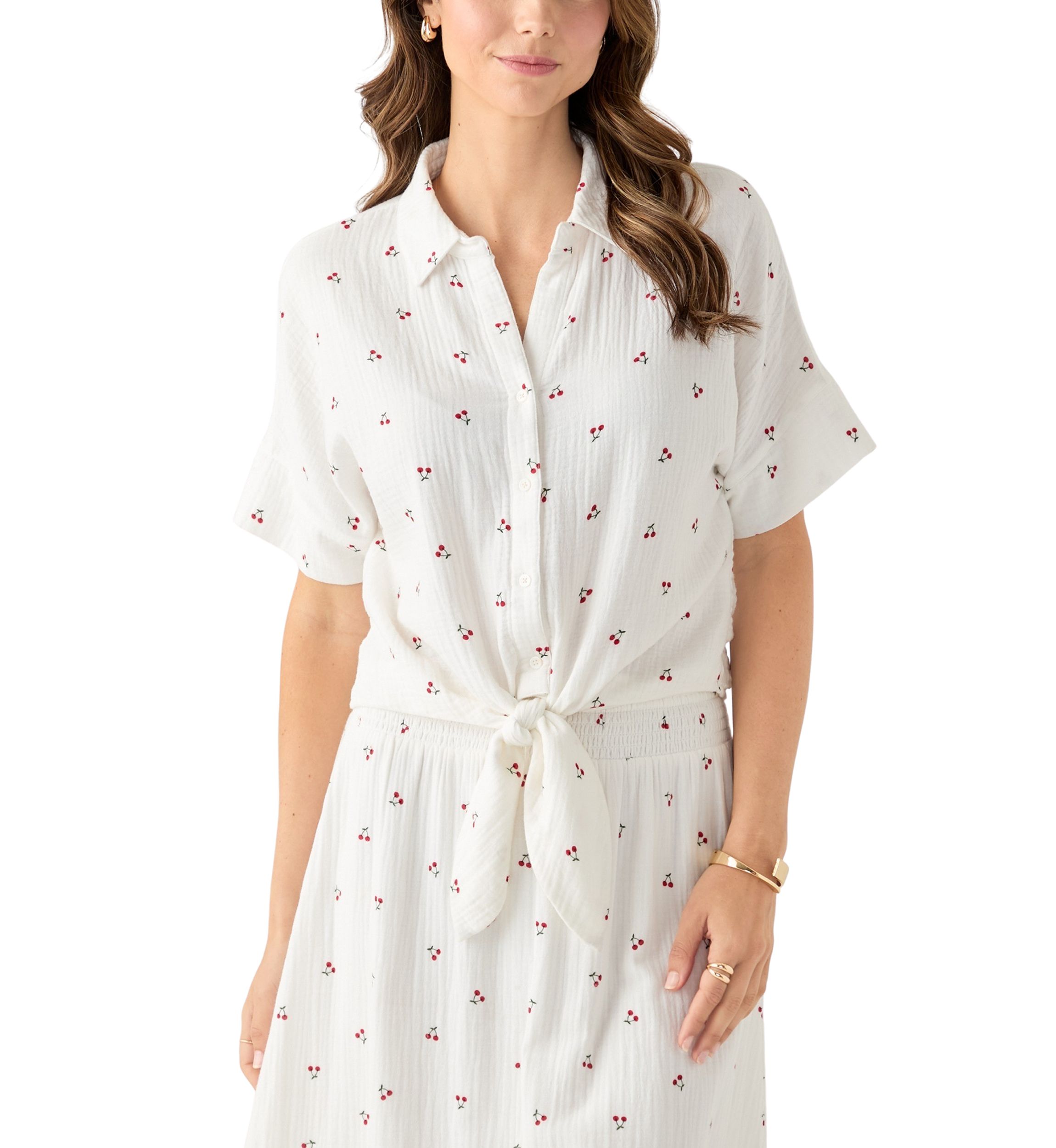 Womens Short Sleeve Tie Front Cherry Gauze Top